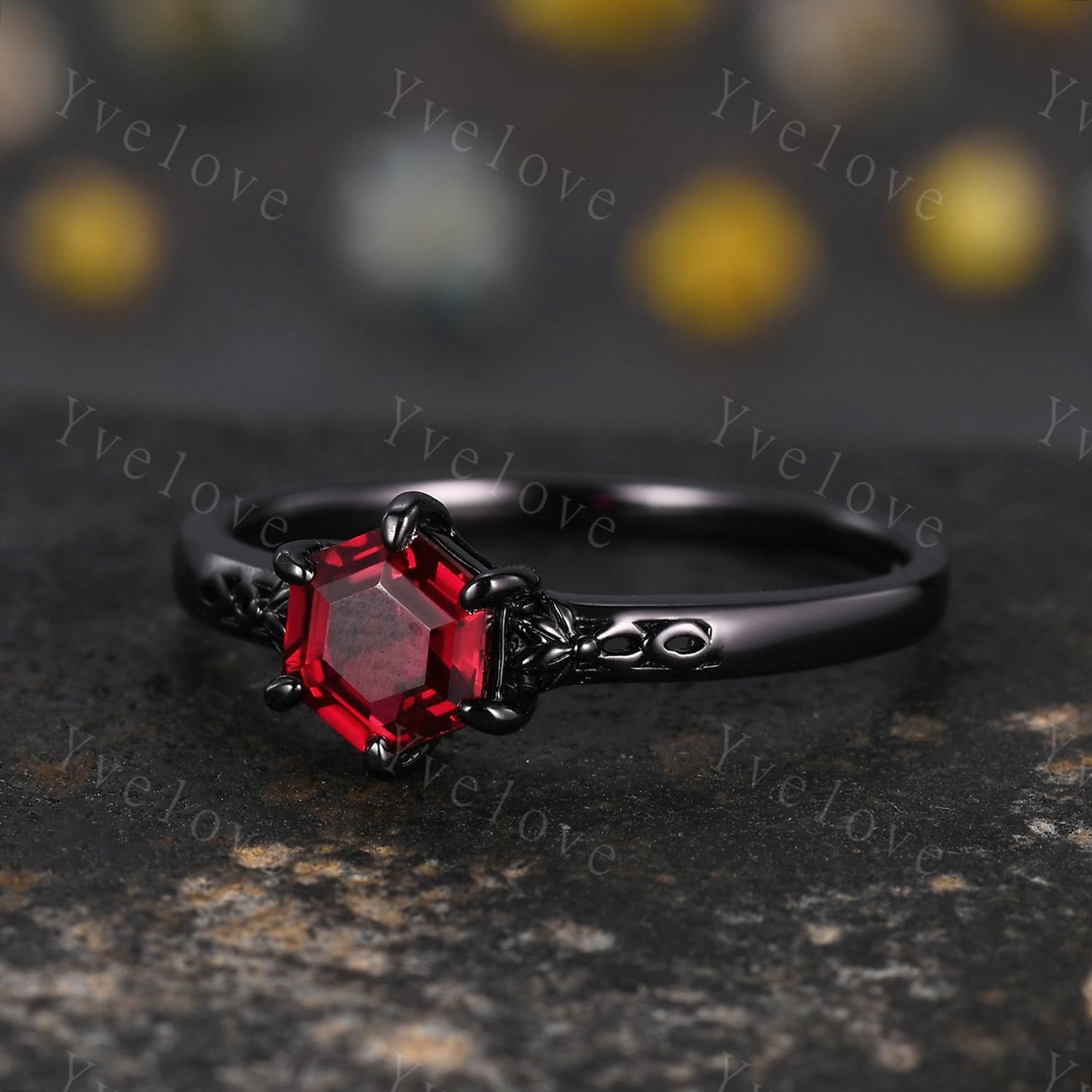 Vintage Red Garnet Engagement Ring Set,Black Gold Ring,Hexagon Cut Bridal Ring,Art Deco Red Garnet V Curved Stack Matching Band,Promise Gift