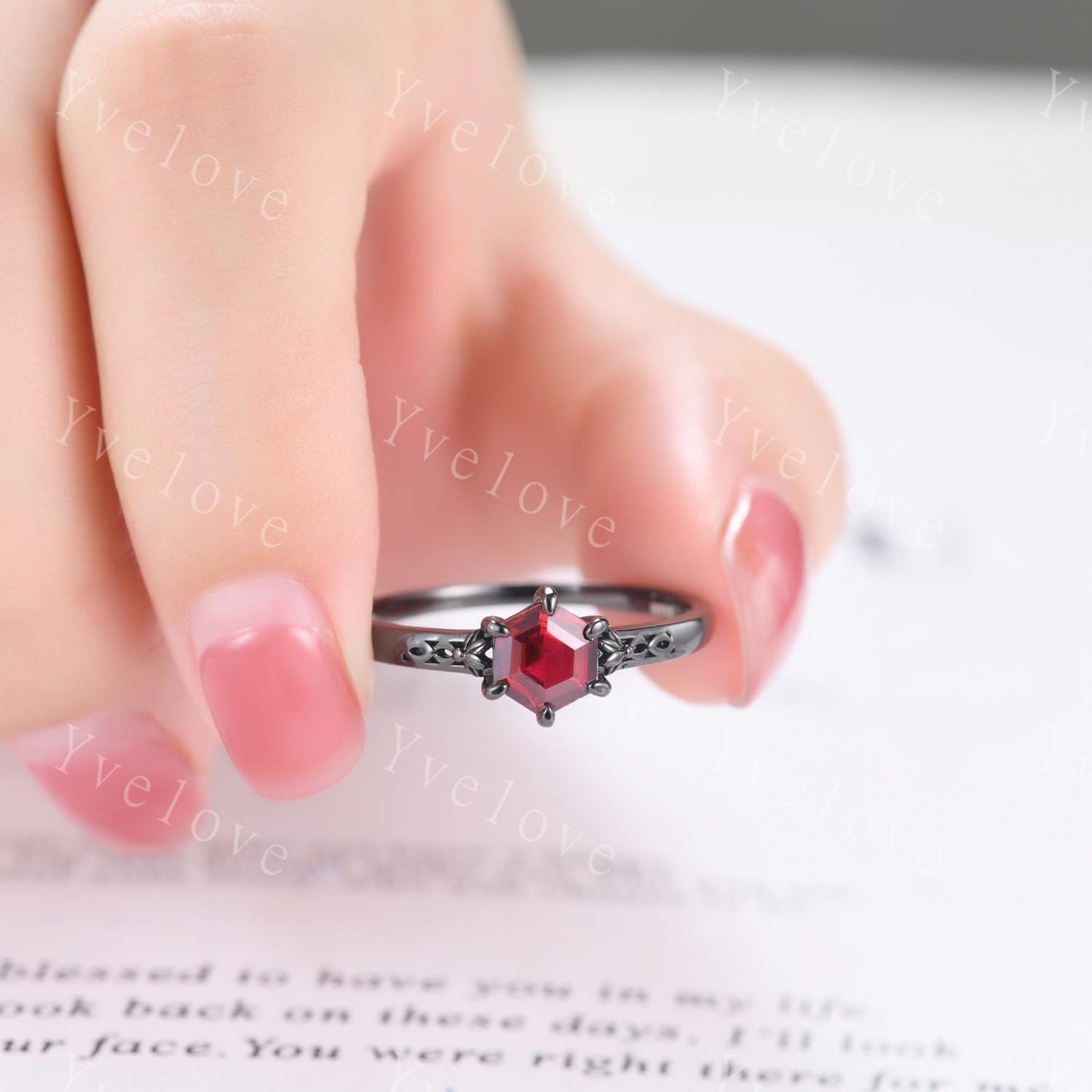 Vintage Red Garnet Engagement Ring Set,Black Gold Ring,Hexagon Cut Bridal Ring,Art Deco Red Garnet V Curved Stack Matching Band,Promise Gift