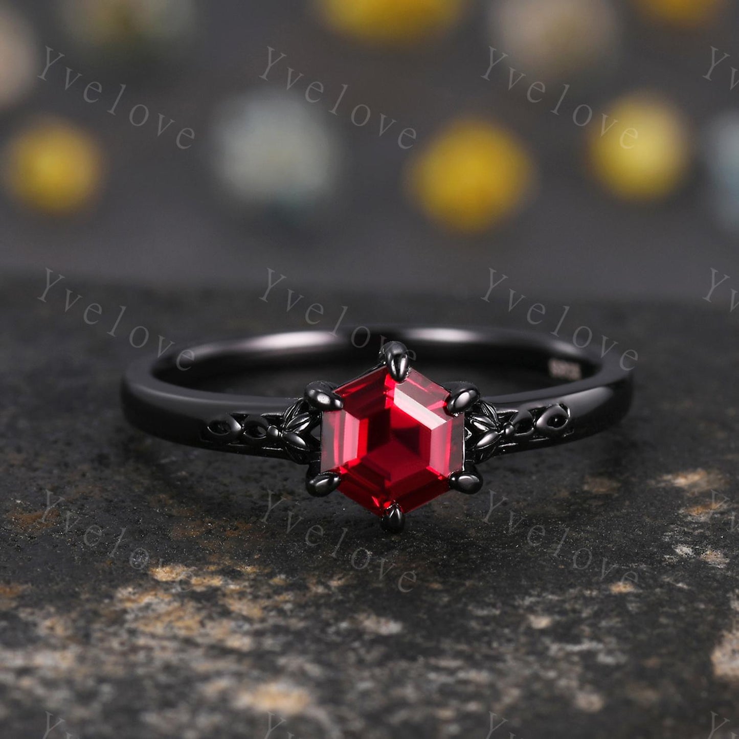 Vintage Red Garnet Engagement Ring Set,Black Gold Ring,Hexagon Cut Bridal Ring,Art Deco Red Garnet V Curved Stack Matching Band,Promise Gift