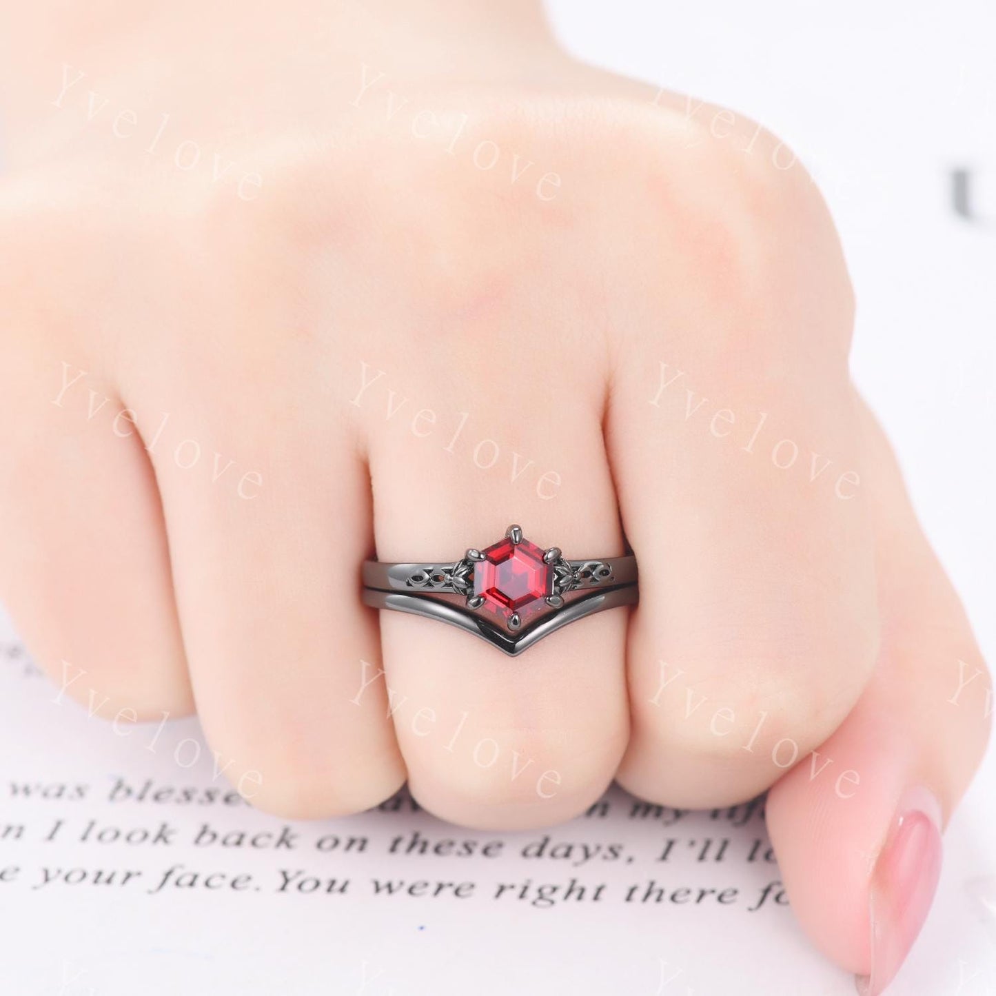 Vintage Red Garnet Engagement Ring Set,Black Gold Ring,Hexagon Cut Bridal Ring,Art Deco Red Garnet V Curved Stack Matching Band,Promise Gift
