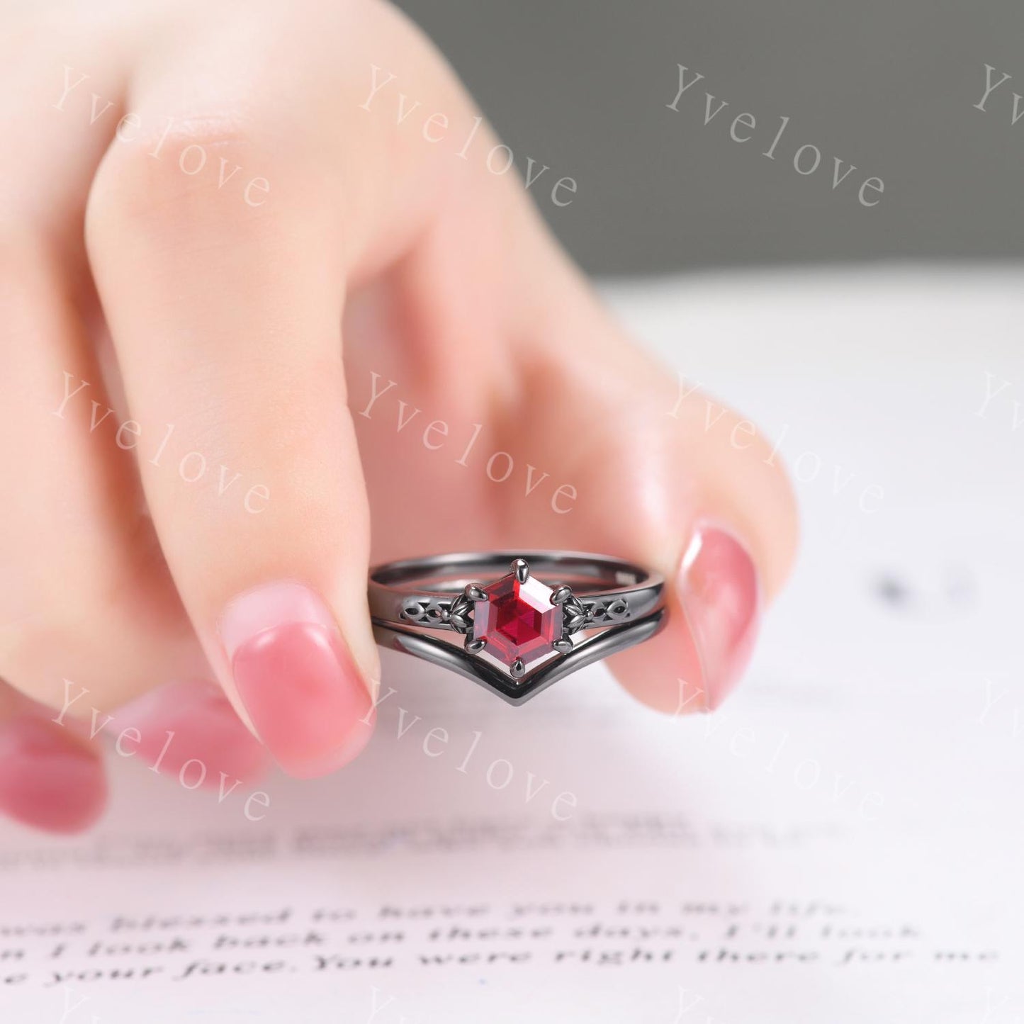 Vintage Red Garnet Engagement Ring Set,Black Gold Ring,Hexagon Cut Bridal Ring,Art Deco Red Garnet V Curved Stack Matching Band,Promise Gift