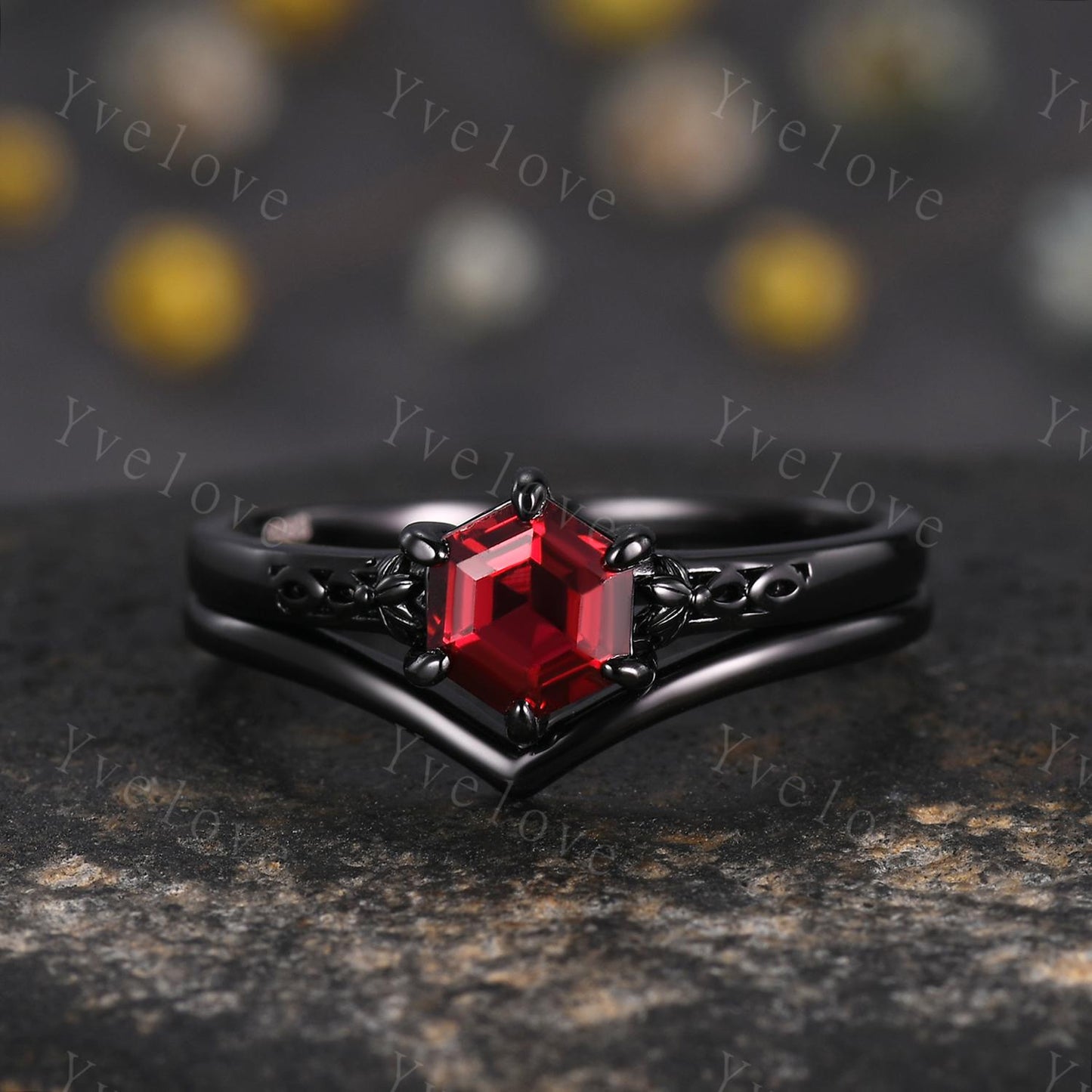 Vintage Red Garnet Engagement Ring Set,Black Gold Ring,Hexagon Cut Bridal Ring,Art Deco Red Garnet V Curved Stack Matching Band,Promise Gift
