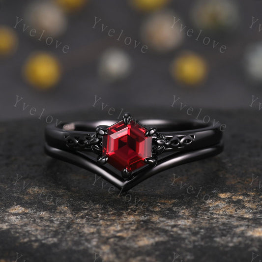 Vintage Red Garnet Engagement Ring Set,Black Gold Ring,Hexagon Cut Bridal Ring,Art Deco Red Garnet V Curved Stack Matching Band,Promise Gift