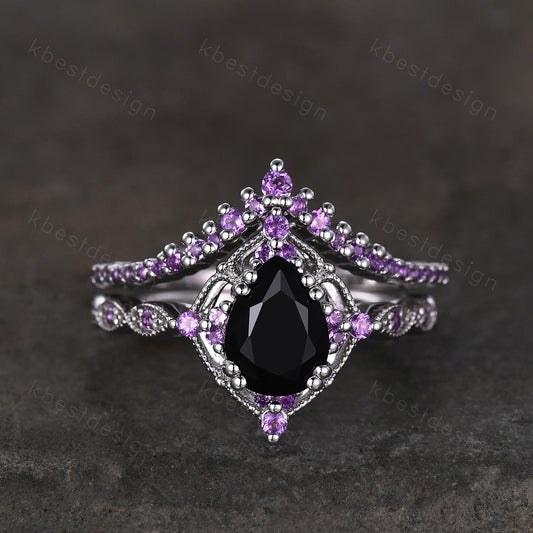 Vintage black onyx engagement ring sterling silver ring art deco curved stacking band pear shaped bridal set unique amethyst wedding set