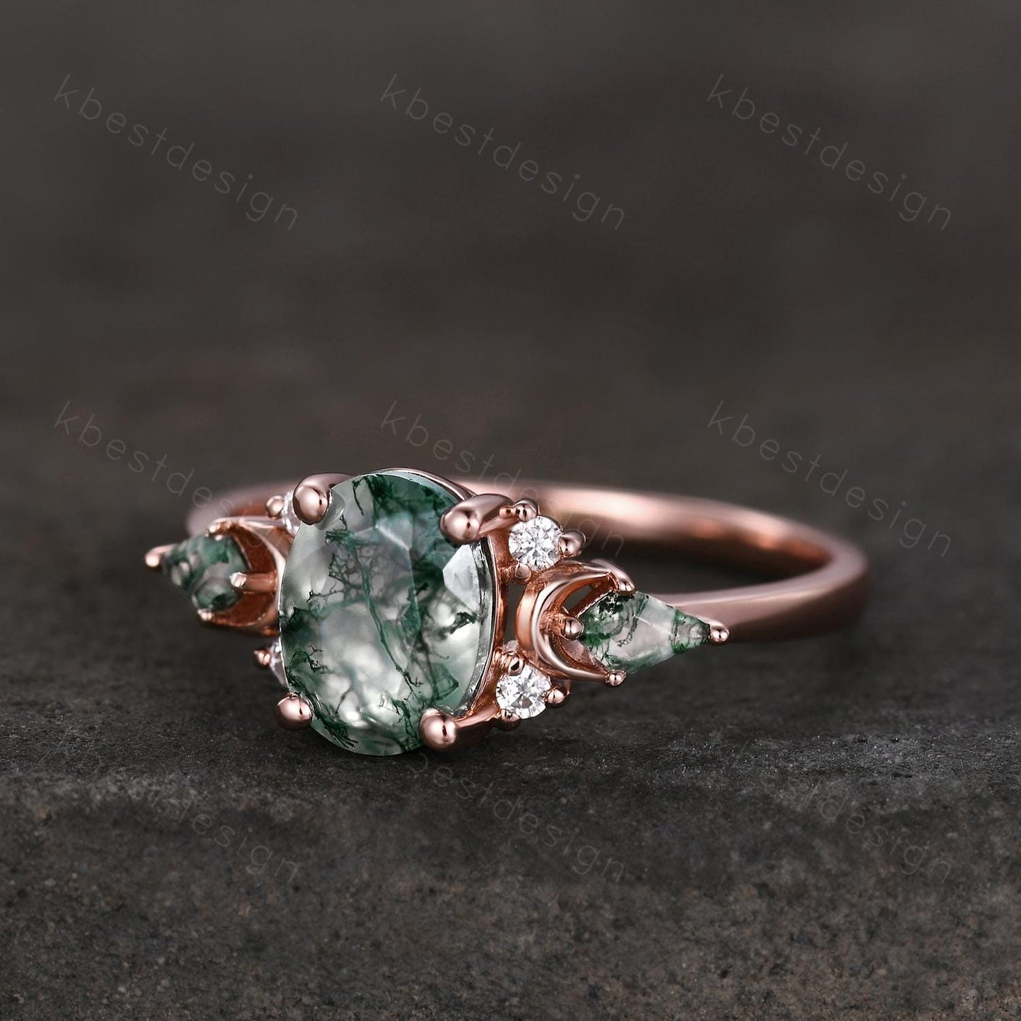 Vintage moss agate engagement ring unique rose gold ring for women crescent style ring kite cut moss agate cluster ring bridal ring