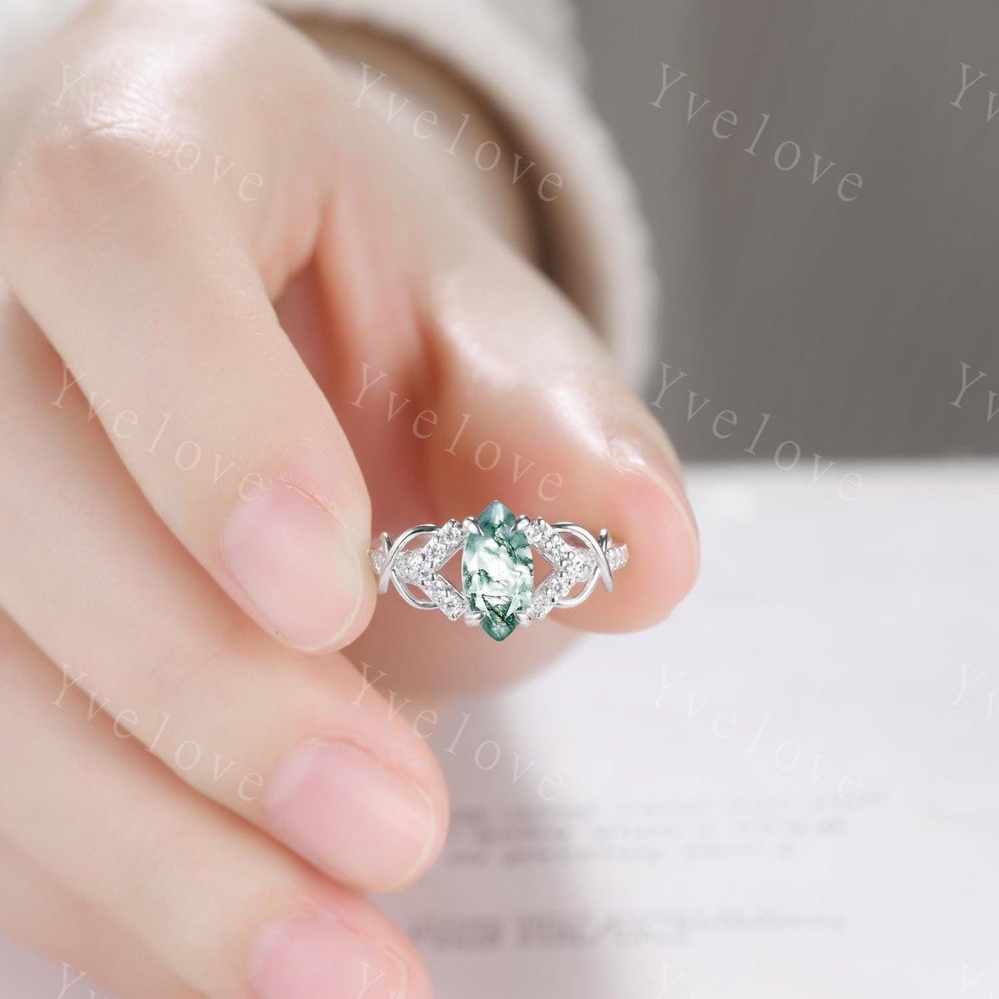 Unique marquise cut moss agate engagement ring white gold engagement ring dainty diamond bridal  twist ring promise ring anniversary gift