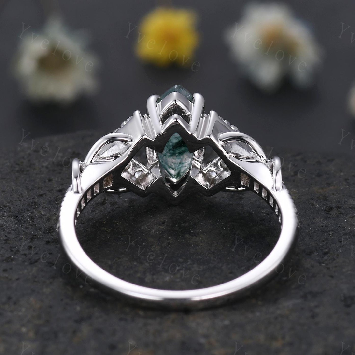 Unique marquise cut moss agate engagement ring white gold engagement ring dainty diamond bridal  twist ring promise ring anniversary gift