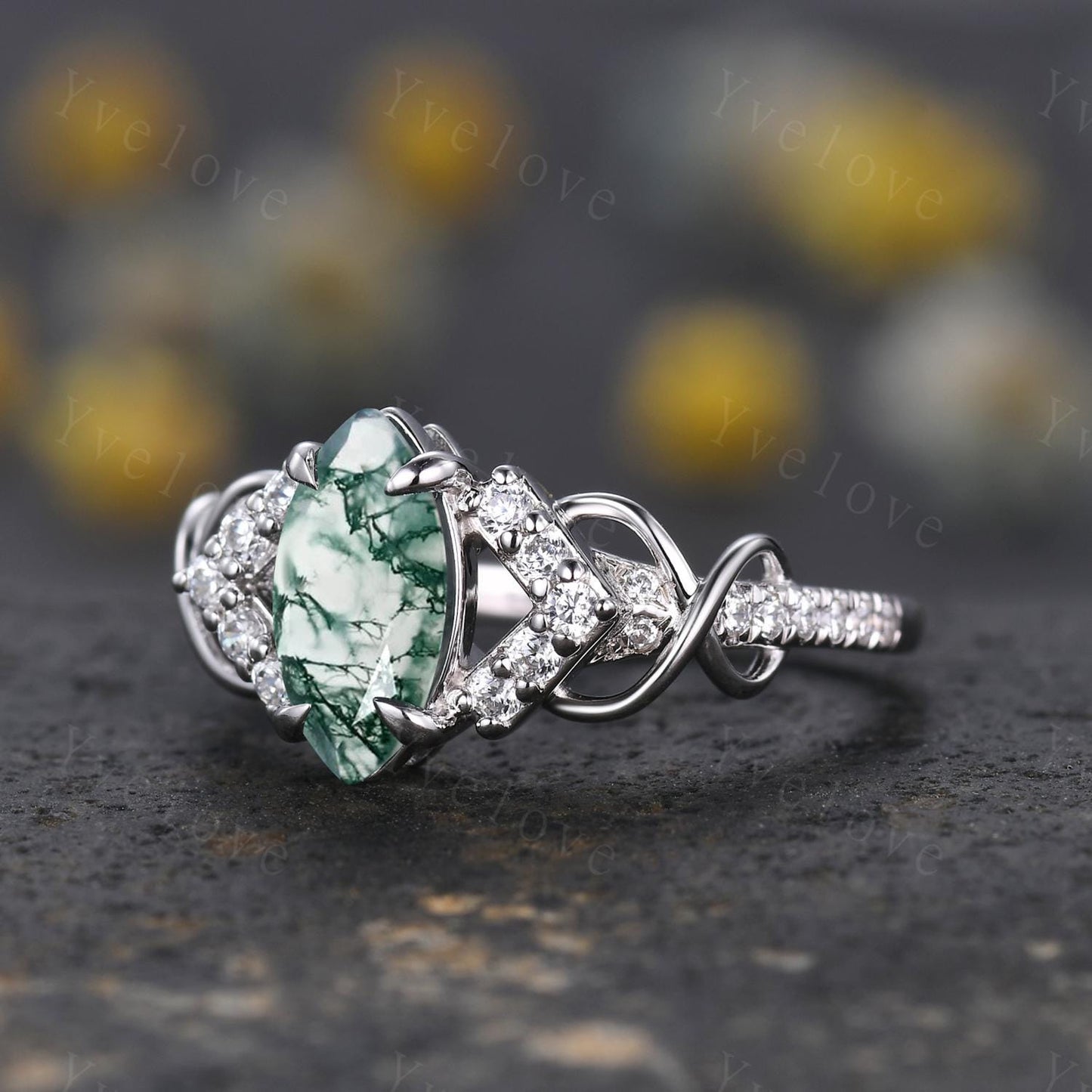 Unique marquise cut moss agate engagement ring white gold engagement ring dainty diamond bridal  twist ring promise ring anniversary gift