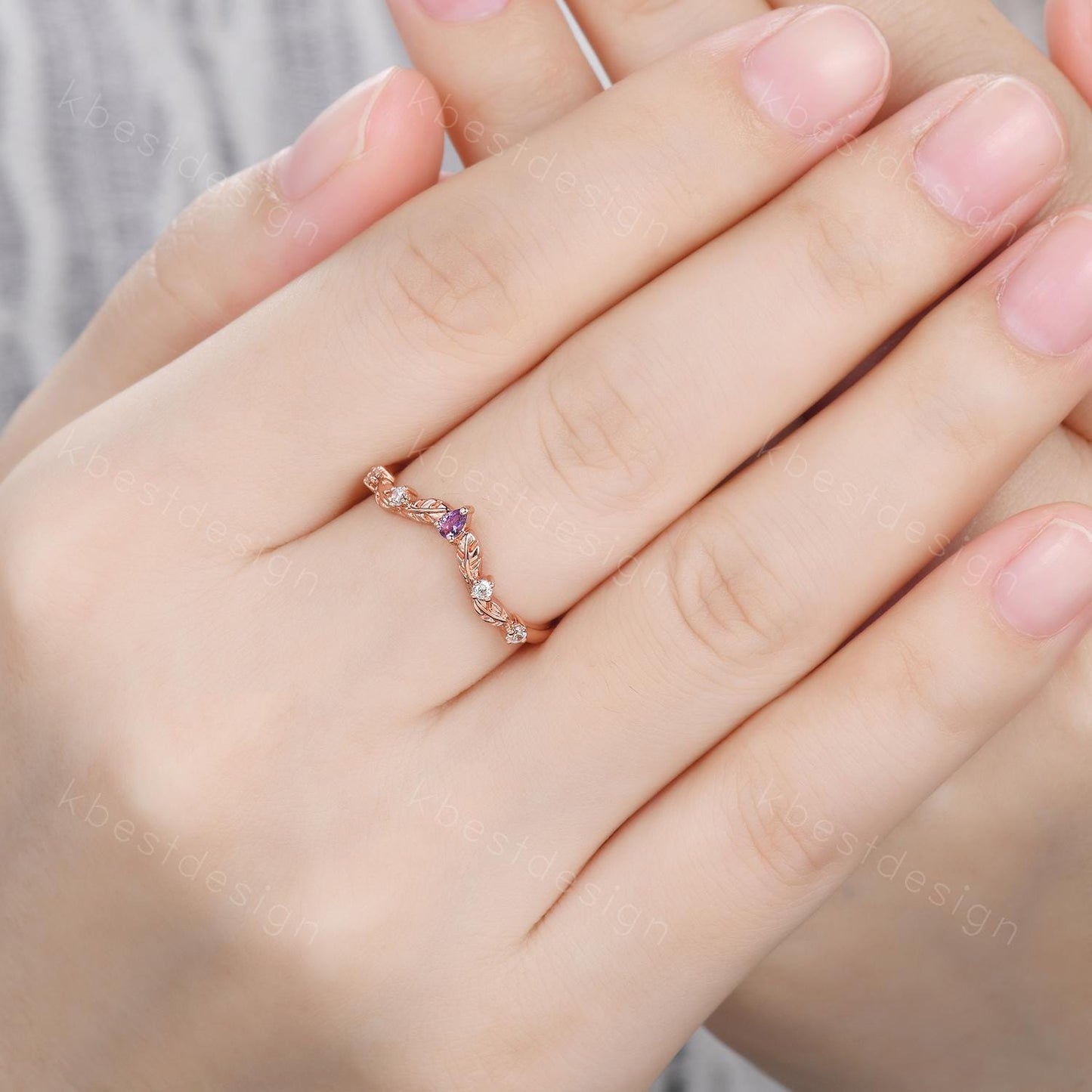 Unique Curved Amethyst Wedding Band Women Rose Gold Band Nature Leaf Style Stacking Moissanite Band Bridal Anniversary Ring