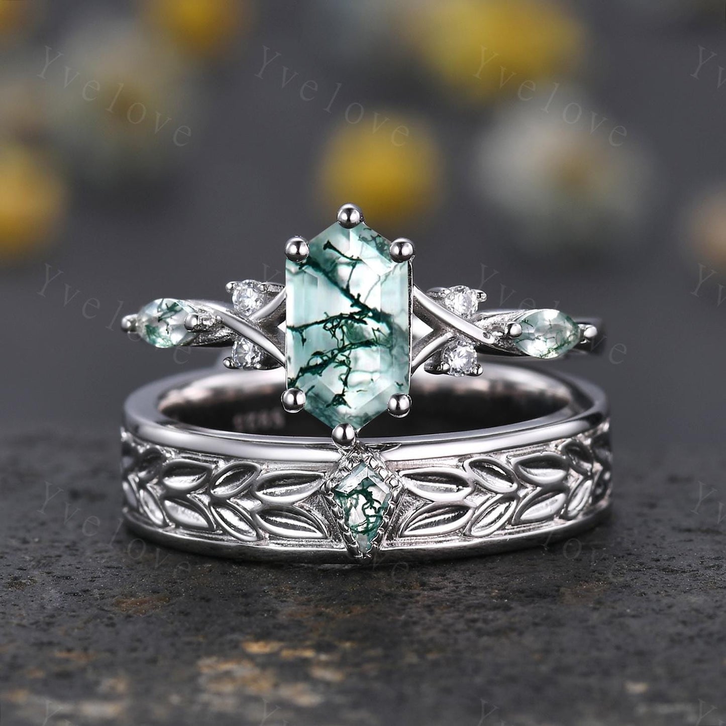 Unique Moss Agate Couples Ring White Gold  Natural Agate Gem Matching Ring Set His and Hers Wedding Band Promise Ring For Men For Women Gift