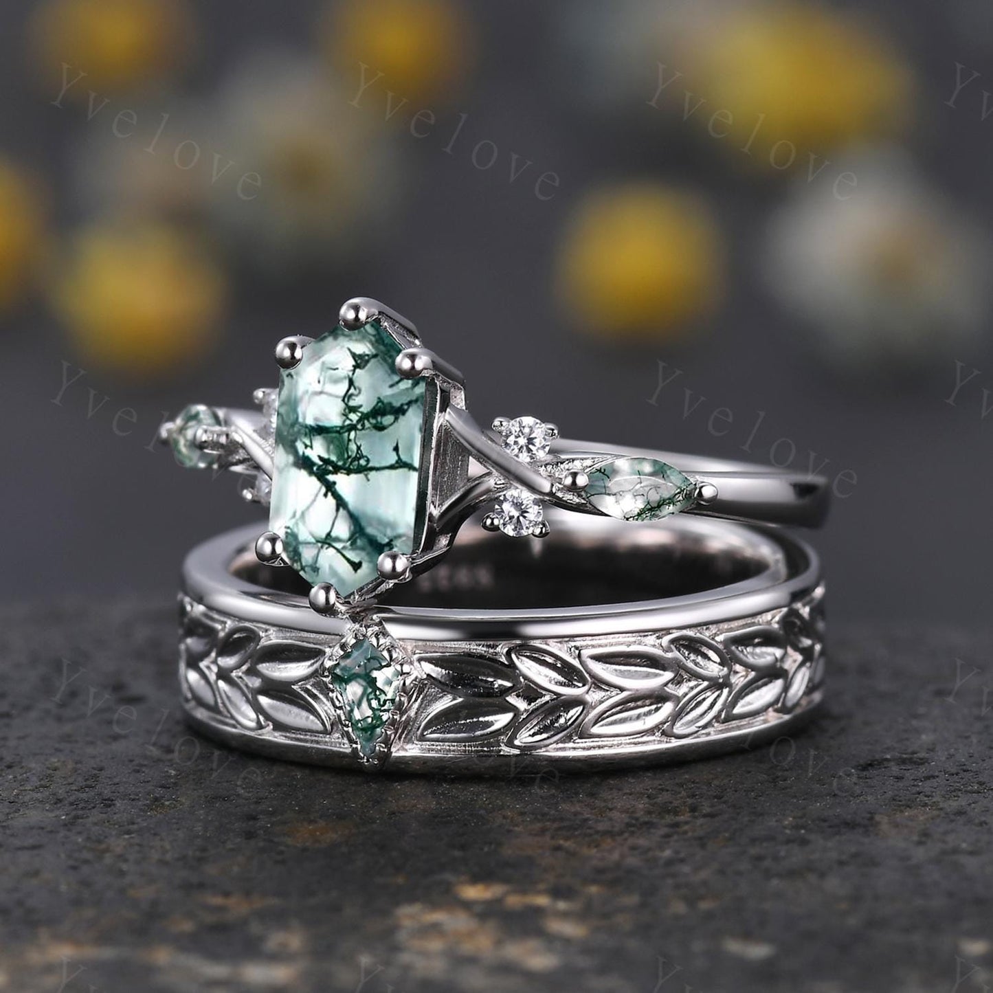 Unique Moss Agate Couples Ring White Gold  Natural Agate Gem Matching Ring Set His and Hers Wedding Band Promise Ring For Men For Women Gift