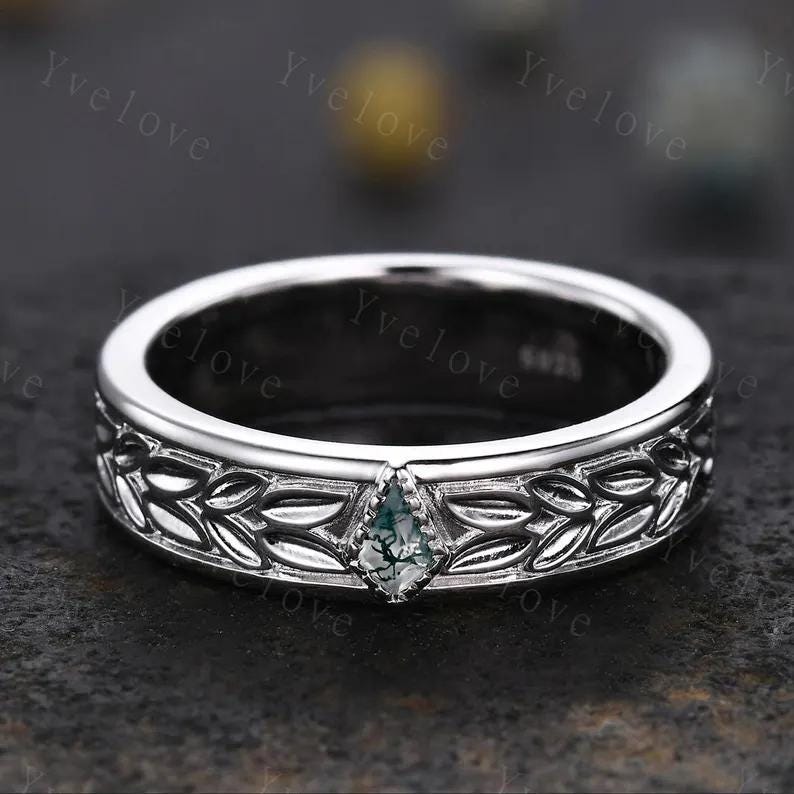 Unique Moss Agate Couples Ring White Gold  Natural Agate Gem Matching Ring Set His and Hers Wedding Band Promise Ring For Men For Women Gift