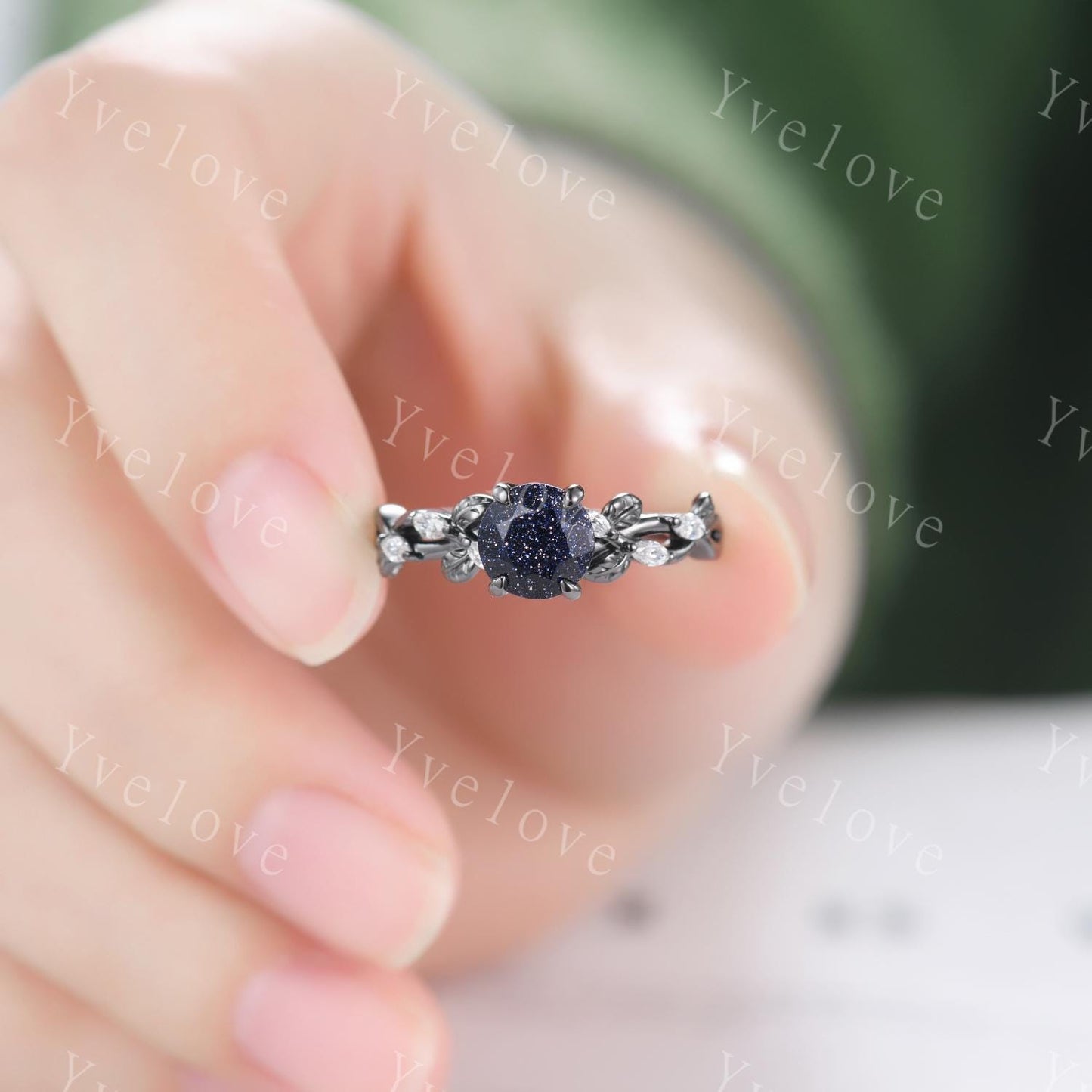 Round Blue Sandstone Engagement Ring,twig leaf marquise moissanite,14k rose gold,Galaxy sandstone vintage unique promise gift for women