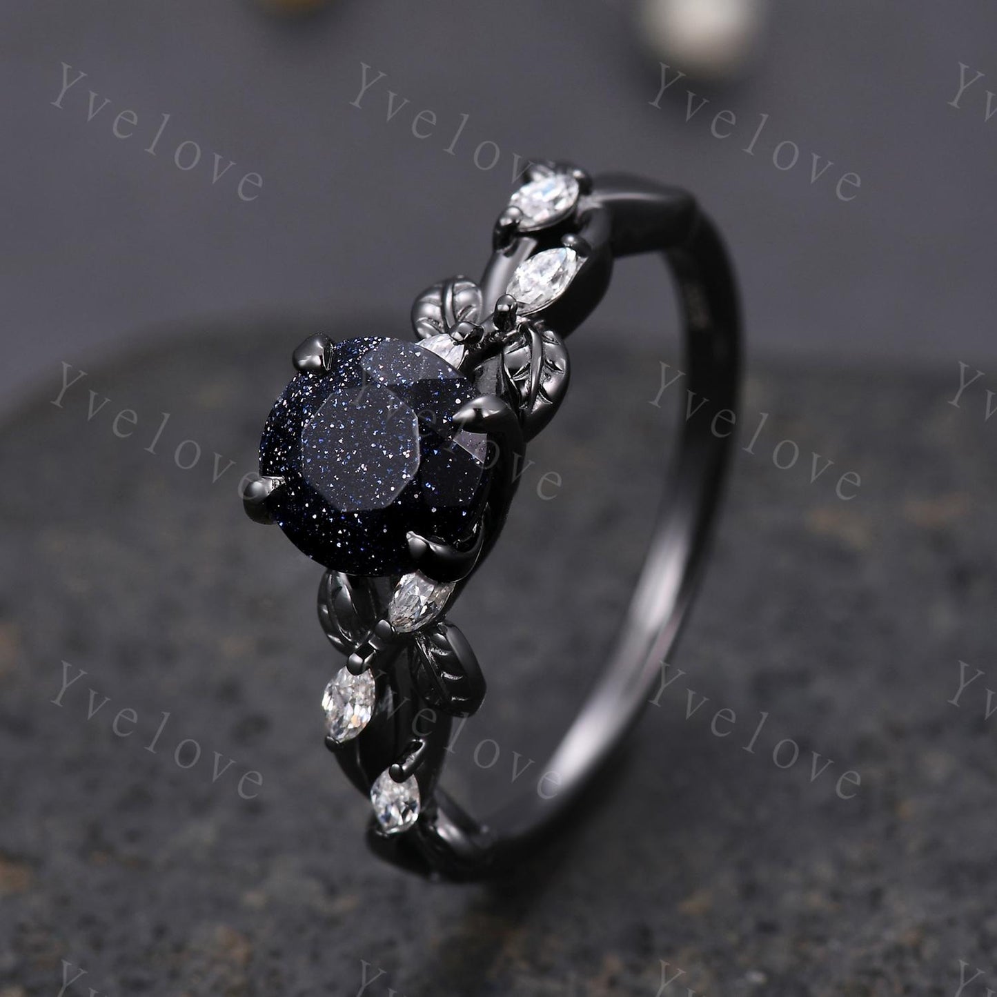 Round Blue Sandstone Engagement Ring,Cluster twig leaf marquise moissanite,Black gold,Galaxy sandstone vintage unique promise gift for women