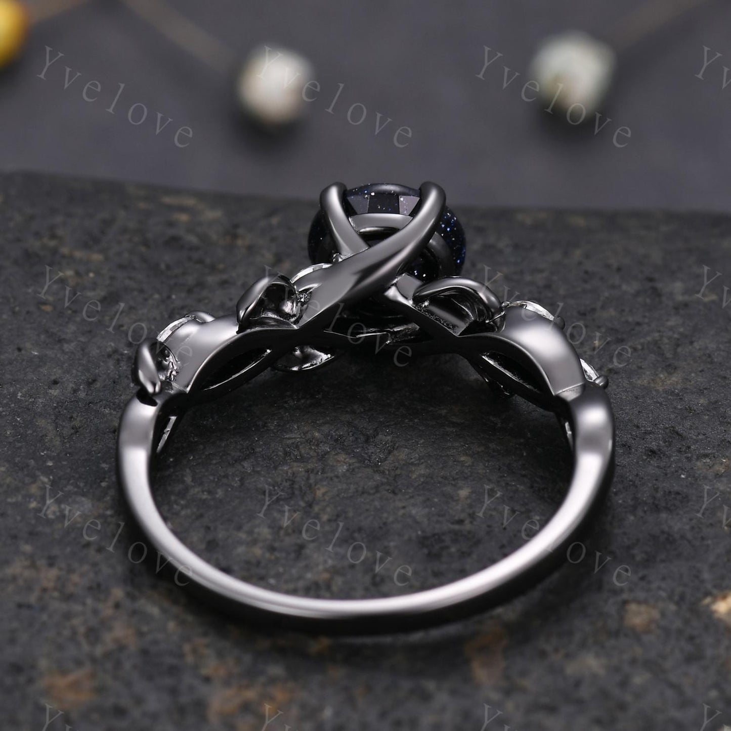 Round Blue Sandstone Engagement Ring,Cluster twig leaf marquise moissanite,Black gold,Galaxy sandstone vintage unique promise gift for women