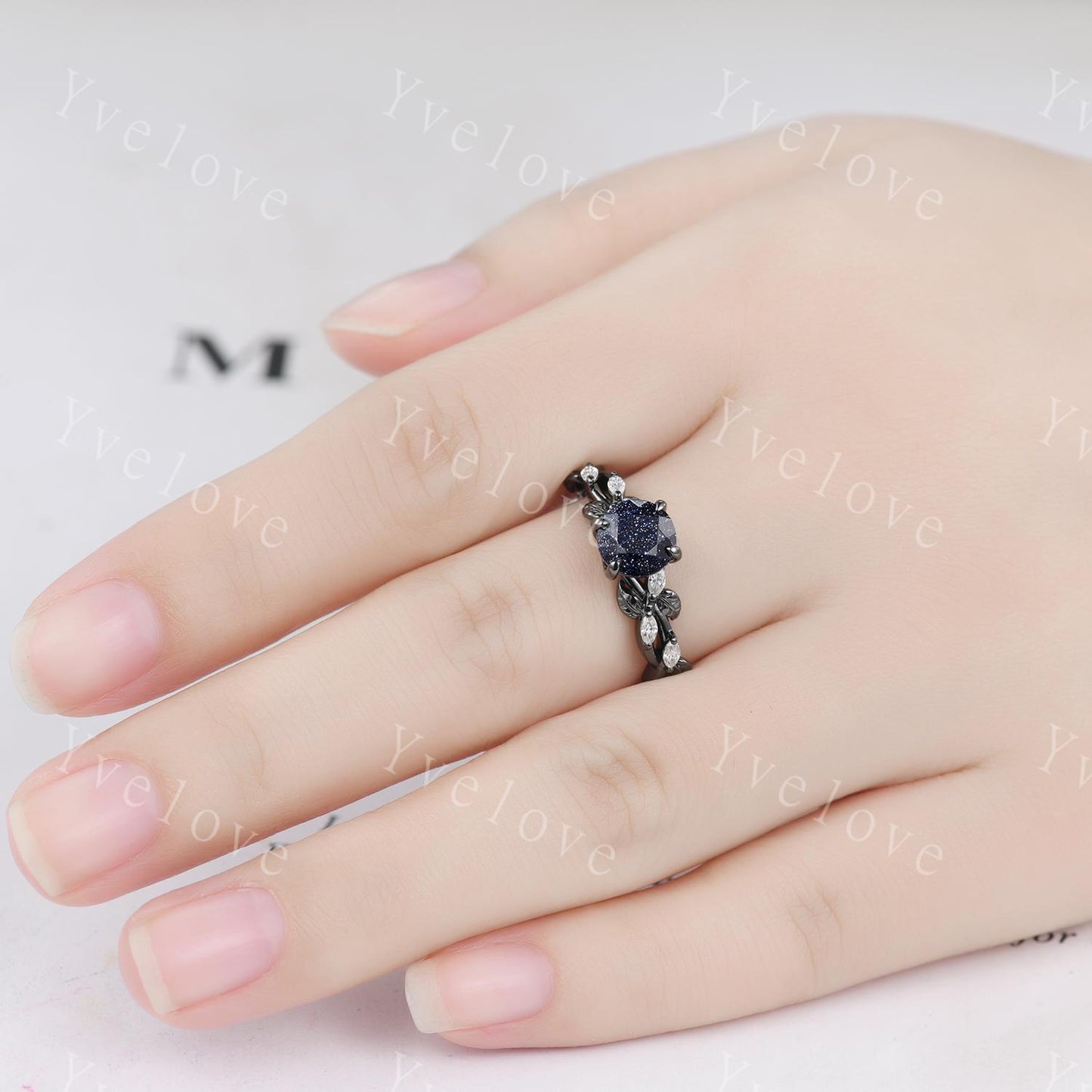 Round Blue Sandstone Engagement Ring,Cluster twig leaf marquise moissanite,Black gold,Galaxy sandstone vintage unique promise gift for women