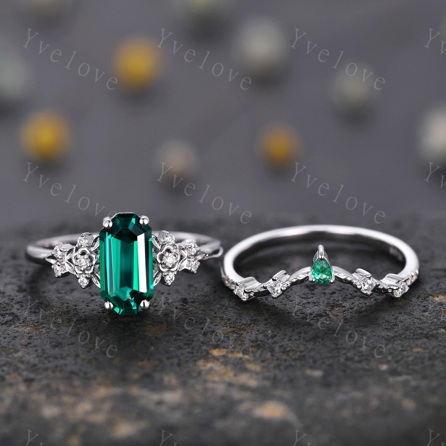 Emerald engagement ring set,Art deco leaf flower emerald ring,14k white gold,Curved emerald stacking wedding band,Unique Bridal Promise Gift