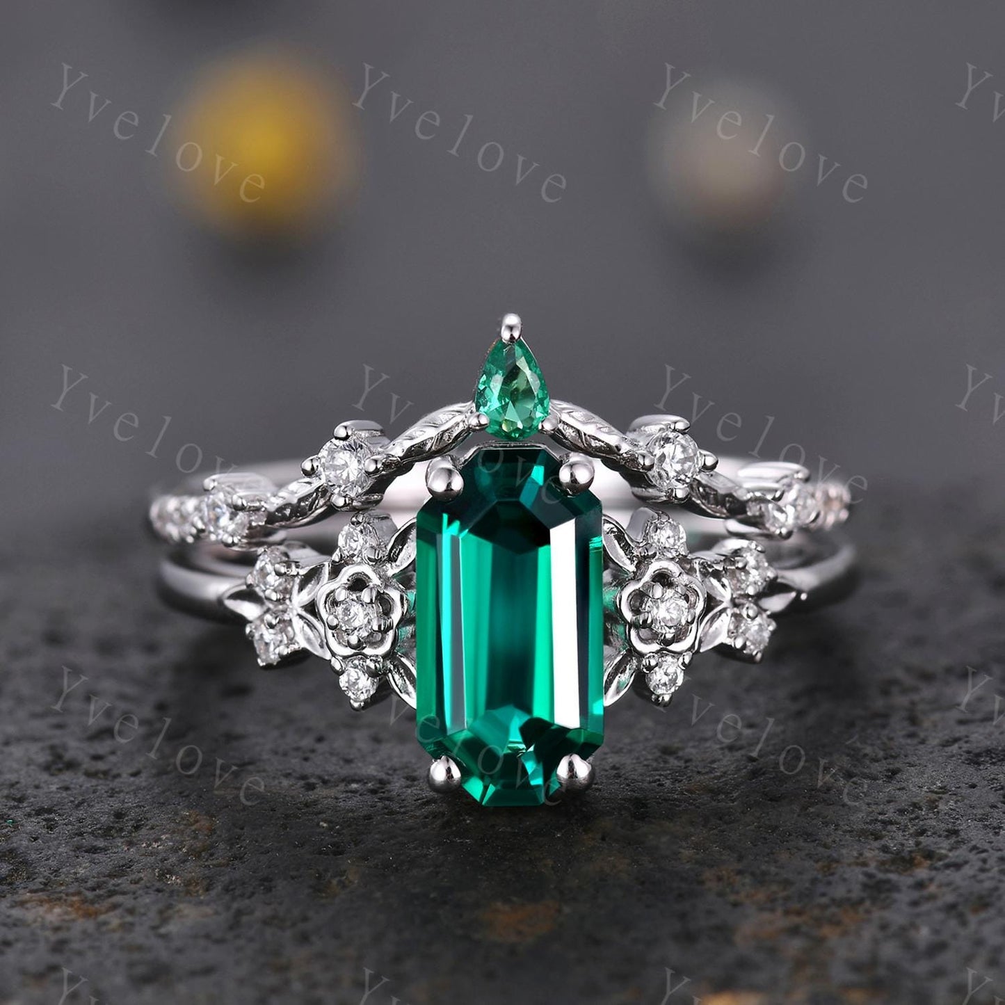 Emerald engagement ring set,Art deco leaf flower emerald ring,14k white gold,Curved emerald stacking wedding band,Unique Bridal Promise Gift