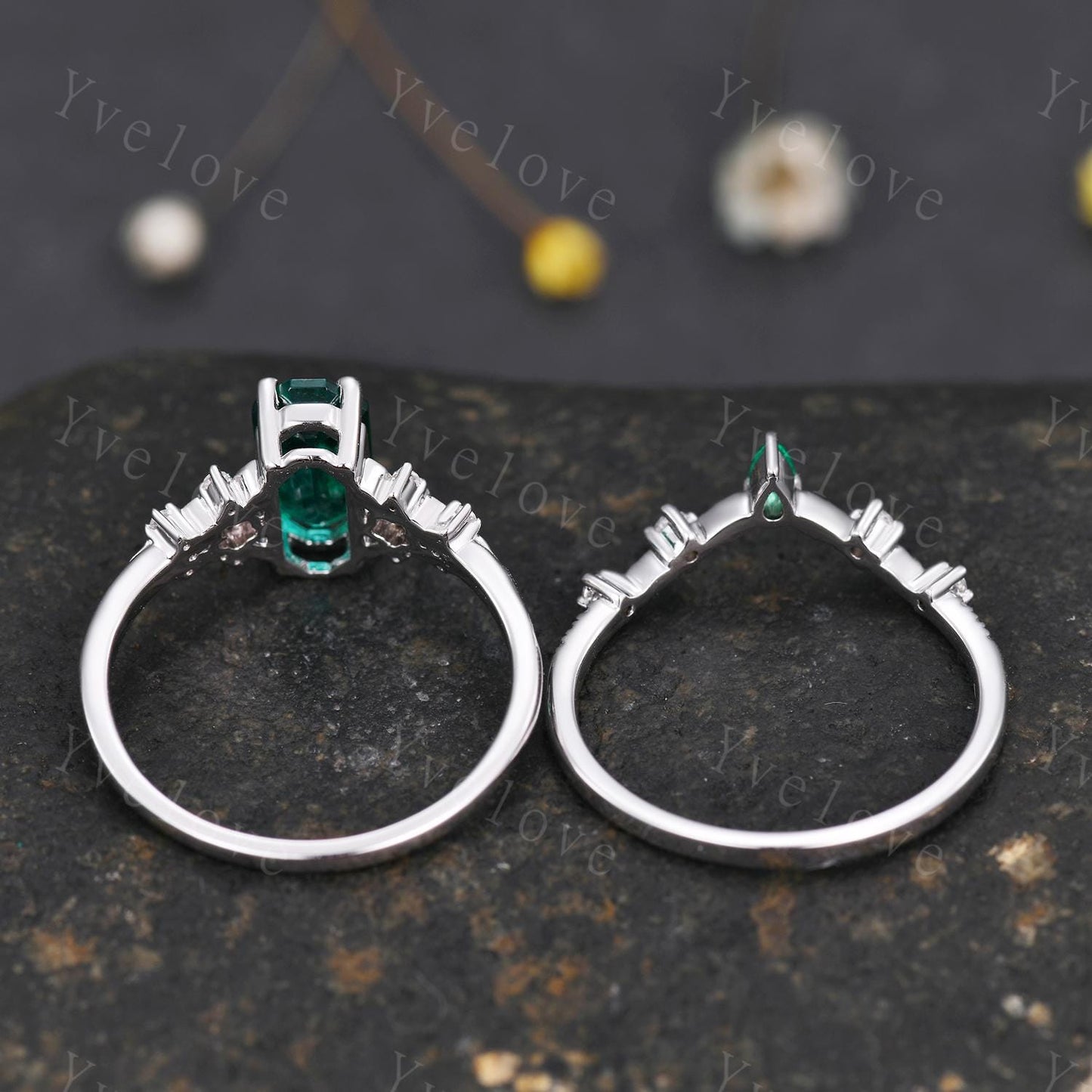 Emerald engagement ring set,Art deco leaf flower emerald ring,14k white gold,Curved emerald stacking wedding band,Unique Bridal Promise Gift