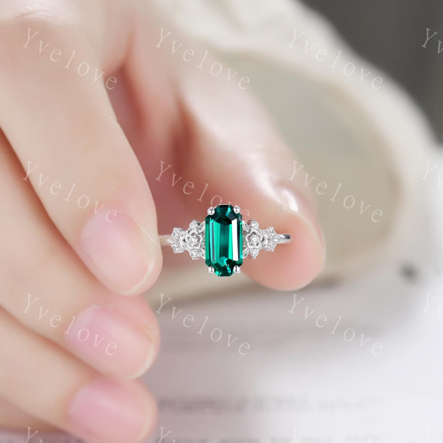 Emerald engagement ring,Art deco leaf flower emerald ring,14k white gold,Curved emerald stacking wedding band,Unique Bridal Promise Gift