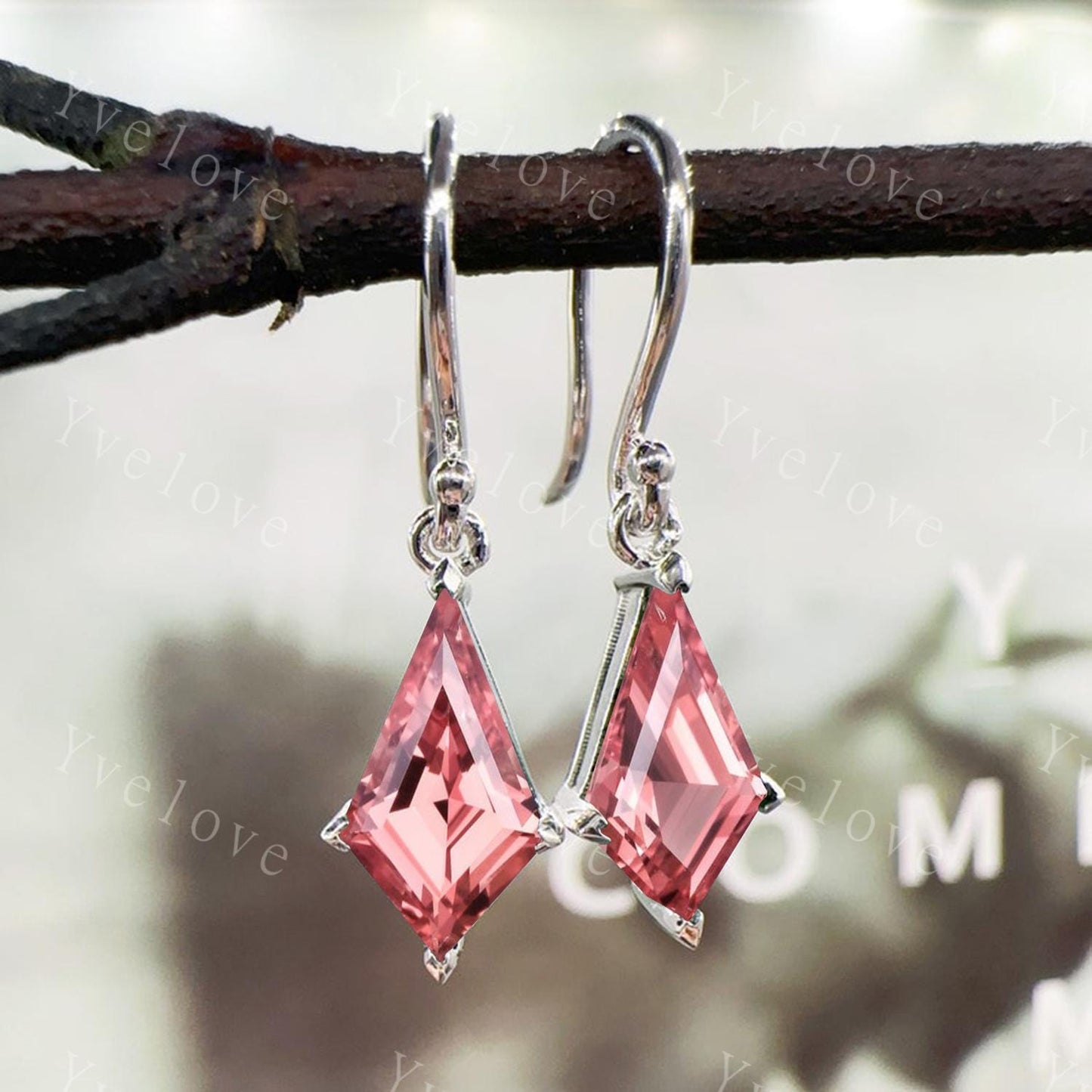 Unique Kite Cut Padparadscha Sapphire Earrings Women Dangle Earrings Art Deco Drop Hook Earrings September Birthstone Sapphire Jewelry Gift