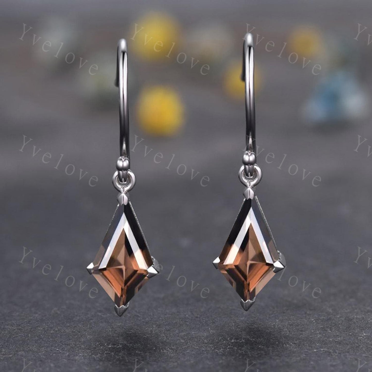 Vintage Kite Shaped Smoky Quartz Earrings Natural Quartz Earrings Statement Drop Earrings Hook Earrings Gemstone Earrings Anniversary Gift