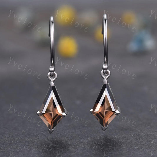 Vintage Kite Shaped Smoky Quartz Earrings Natural Quartz Earrings Statement Drop Earrings Hook Earrings Gemstone Earrings Anniversary Gift