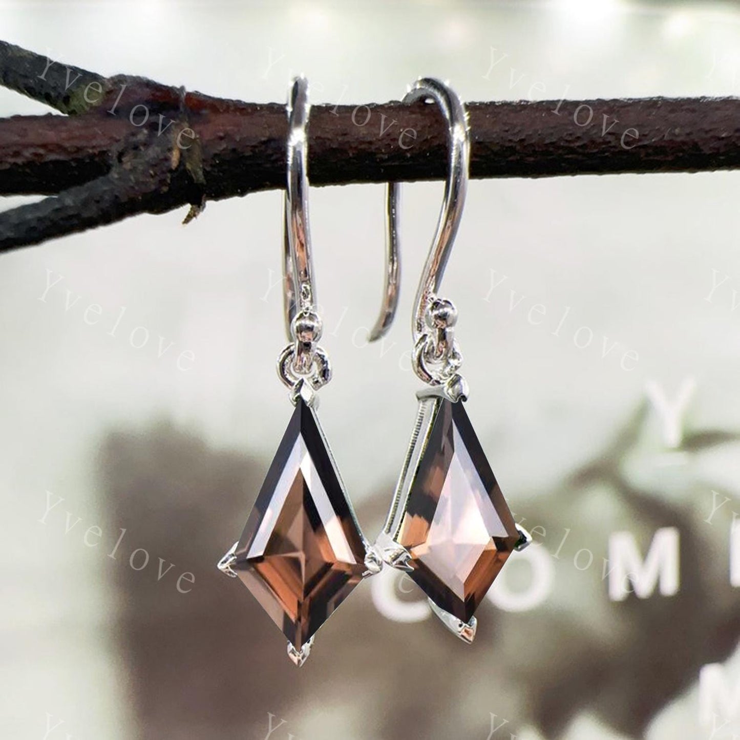 Vintage Kite Shaped Smoky Quartz Earrings Natural Quartz Earrings Statement Drop Earrings Hook Earrings Gemstone Earrings Anniversary Gift
