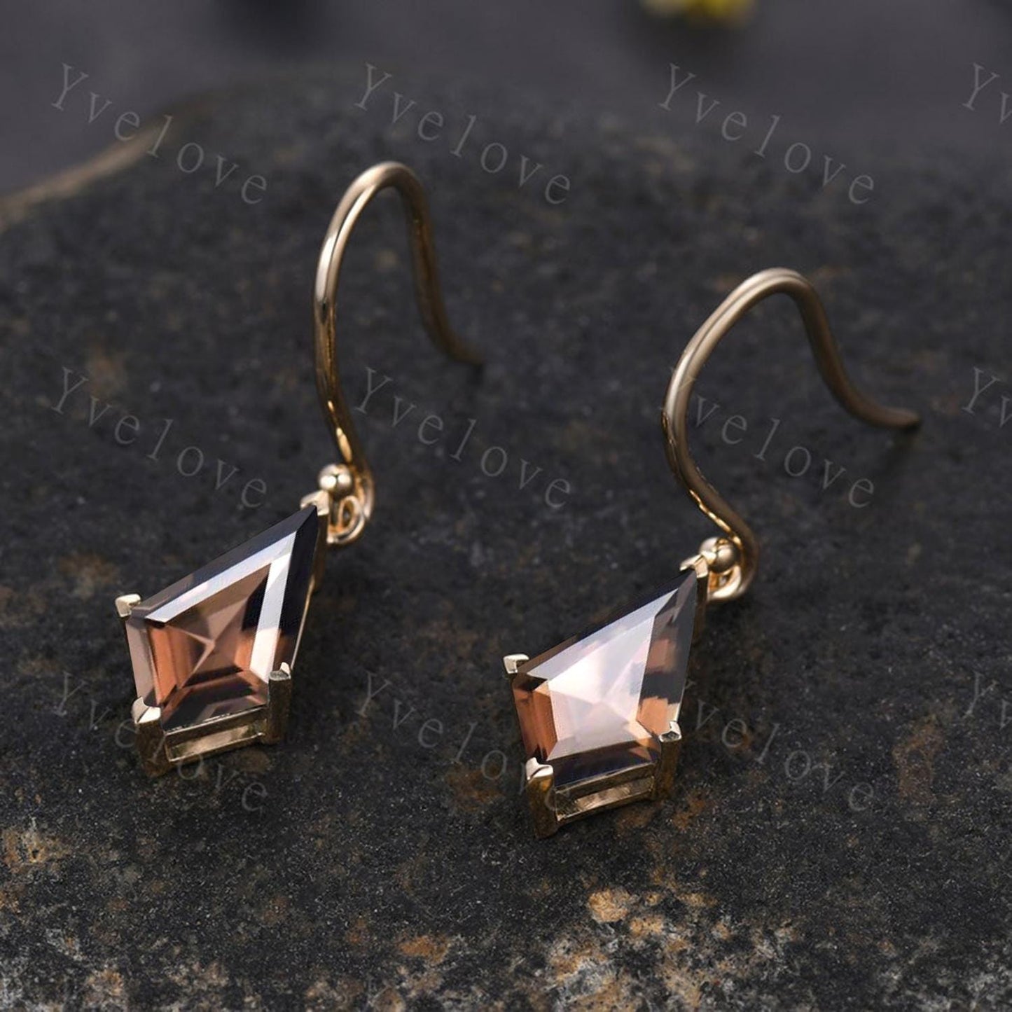 Vintage Kite Shaped Smoky Quartz Earrings Natural Quartz Earrings Statement Drop Earrings Hook Earrings Gemstone Earrings Anniversary Gift