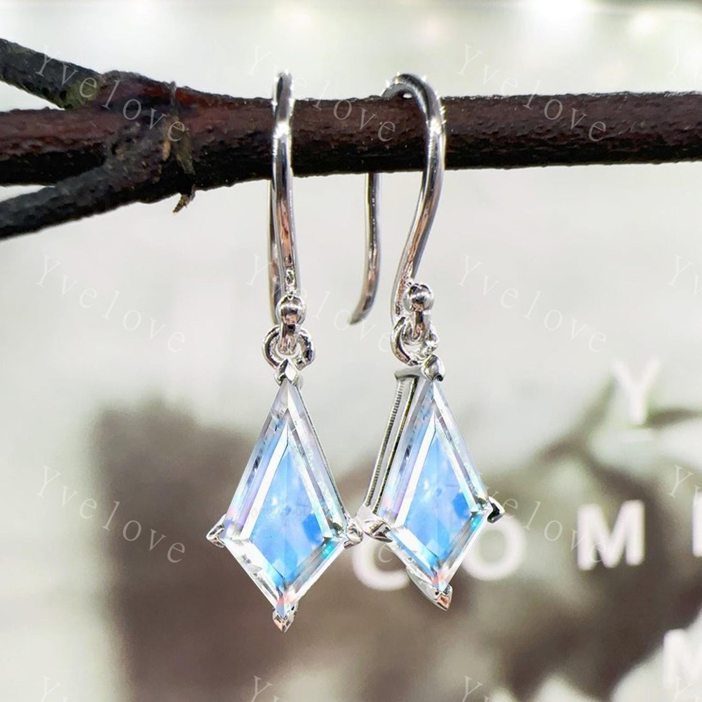 Vintage Kite Shaped Rainbow Moonstone Earrings Moonstone Wedding Dangles Silver Hook Earrings June Birthstone Moonstone Jewelry Gift for Her