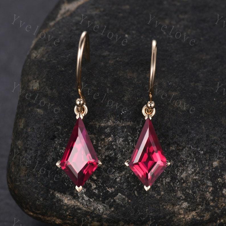 Dainty Kite Cut Red Ruby Earrings Dangle Wedding Earrings Vintage Ruby Drop Earrings Hook Earrings July Birthstone Ruby Jewelry Gift For Her