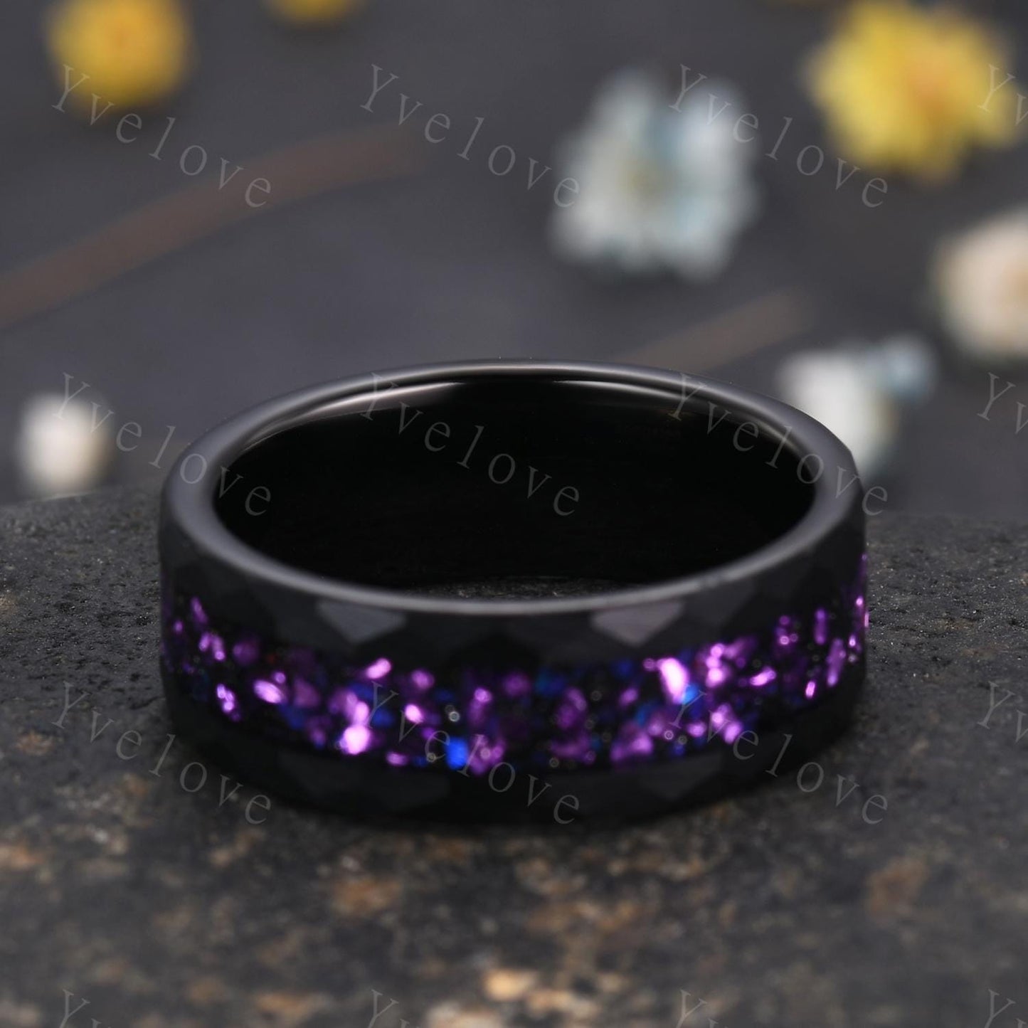 8mm Meteorite Amethyst Opal Tungsten Ring Black Hammered Mens Wedding Band Brushed Ring for Him Opal Meteorite Inlay Engagement Ring Gift