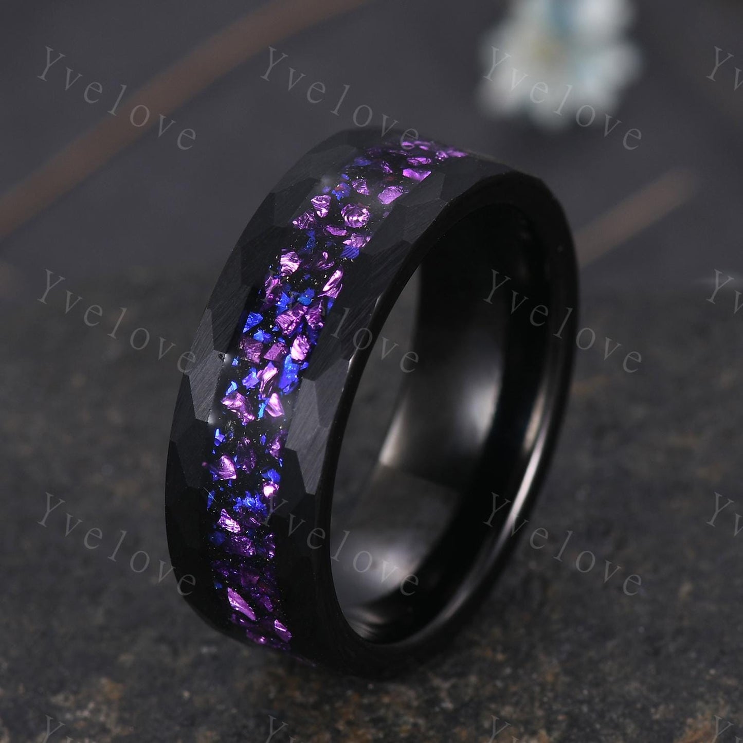 8mm Meteorite Amethyst Opal Tungsten Ring Black Hammered Mens Wedding Band Brushed Ring for Him Opal Meteorite Inlay Engagement Ring Gift