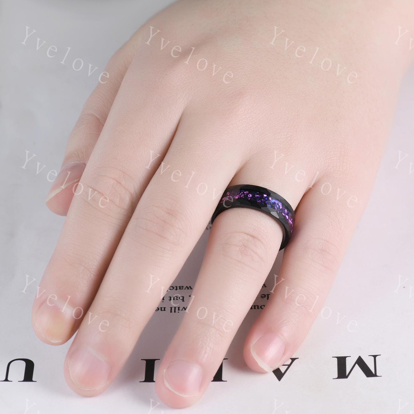 8mm Meteorite Amethyst Opal Tungsten Ring Black Hammered Mens Wedding Band Brushed Ring for Him Opal Meteorite Inlay Engagement Ring Gift