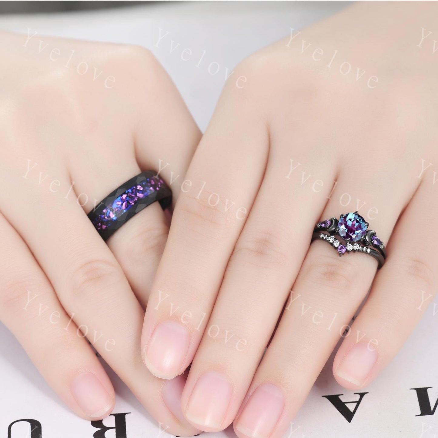 8mm Meteorite Amethyst Opal Tungsten Ring Black Hammered Mens Wedding Band Brushed Ring for Him Opal Meteorite Inlay Engagement Ring Gift
