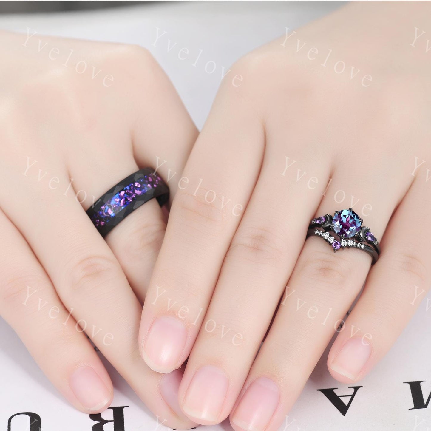 Alexandrite Amethyst Moon Couples Ring His and Hers Ring Set Tungsten Purple Matching Unique Wedding Band Outer Space Ring Promise Ring Gift