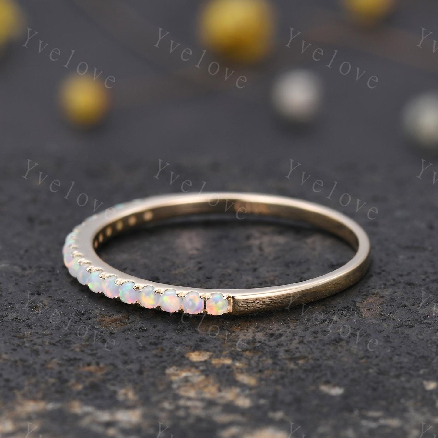 1.5mm Opal Ring,Opal Wedding Band,14K Solid Gold,Half Eternity Band,Stacking Ring,Matching Band,Promise Ring,Anniversary Gift for Women