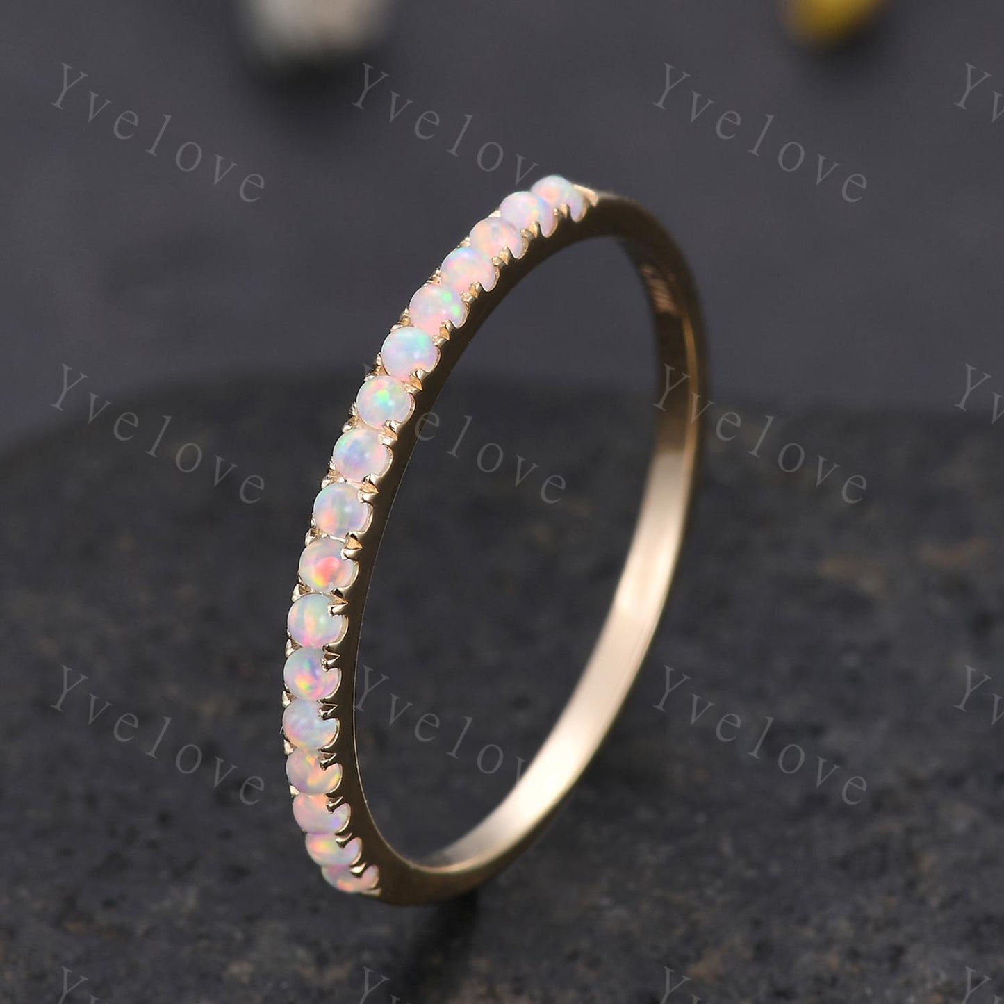 1.5mm Opal Ring,Opal Wedding Band,14K Solid Gold,Half Eternity Band,Stacking Ring,Matching Band,Promise Ring,Anniversary Gift for Women