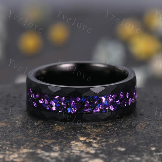 8mm Meteorite Amethyst Opal Tungsten Ring Black Hammered Mens Wedding Band Brushed Ring for Him Opal Meteorite Inlay Engagement Ring Gift