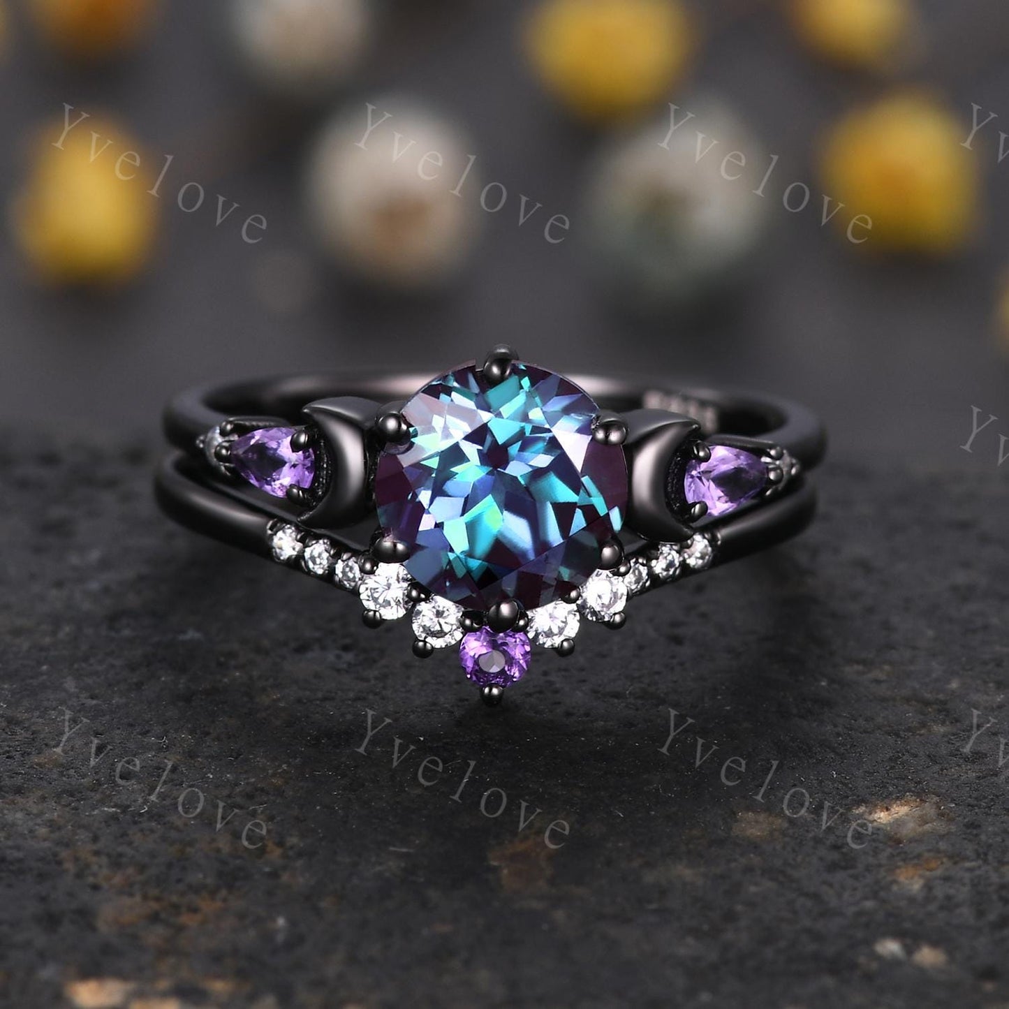 Alexandrite Amethyst Moon Couples Ring His and Hers Ring Set Tungsten Purple Matching Unique Wedding Band Outer Space Ring Promise Ring Gift