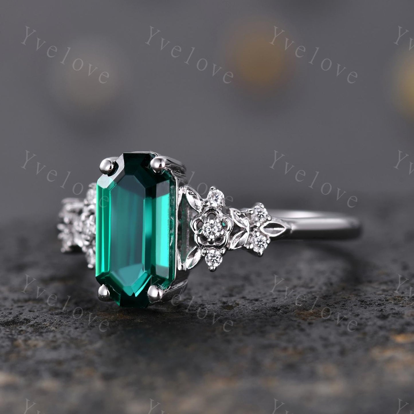 Emerald engagement ring,Art deco leaf flower emerald ring,14k white gold,Curved emerald stacking wedding band,Unique Bridal Promise Gift