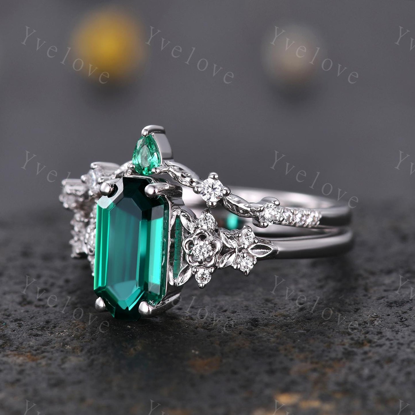 Emerald engagement ring,Art deco leaf flower emerald ring,14k white gold,Curved emerald stacking wedding band,Unique Bridal Promise Gift