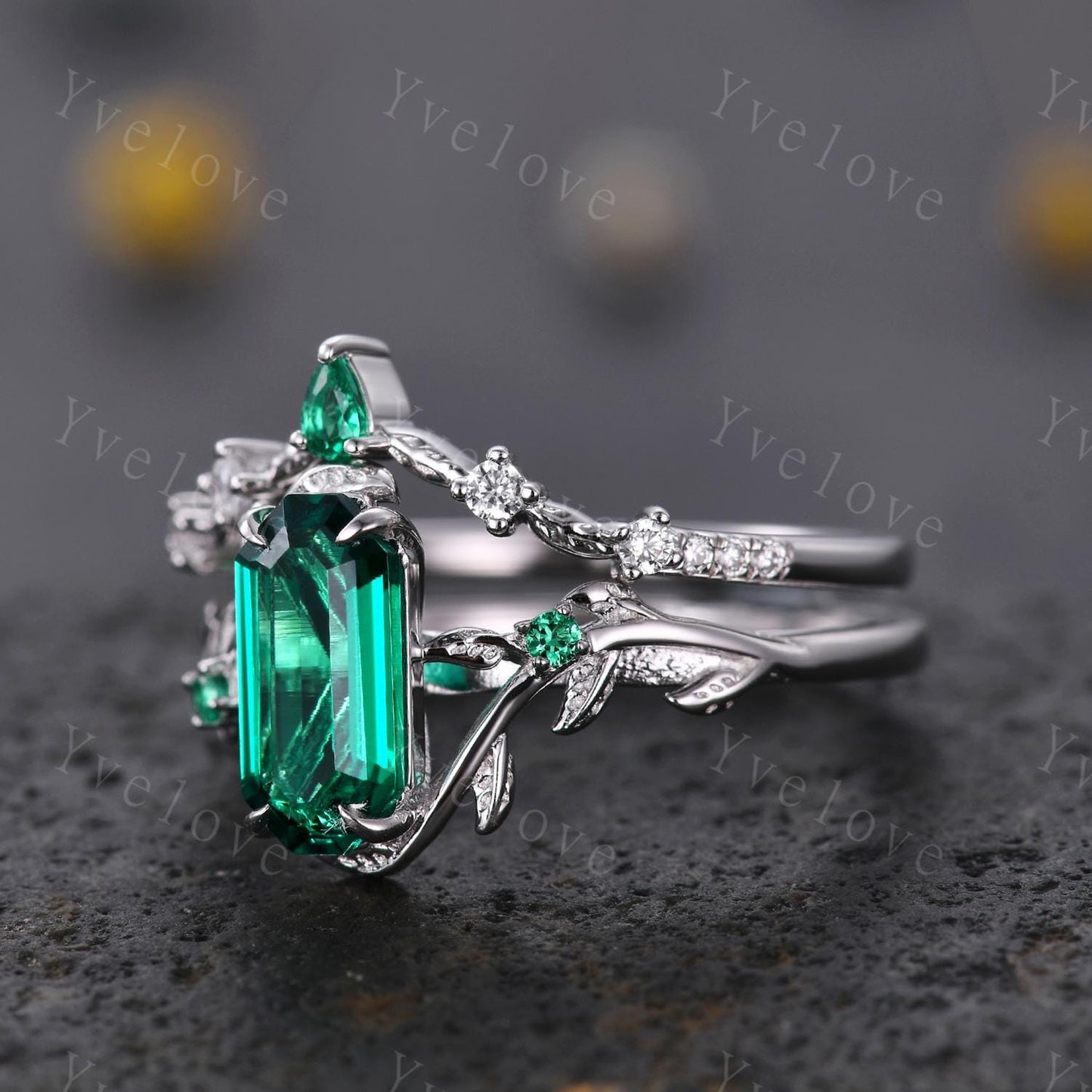 Art deco Emerald Twig Engagement Ring Set,leaves emerald ring,14k white gold,Curved emerald stacking wedding band,Unique Bridal Promise Gift