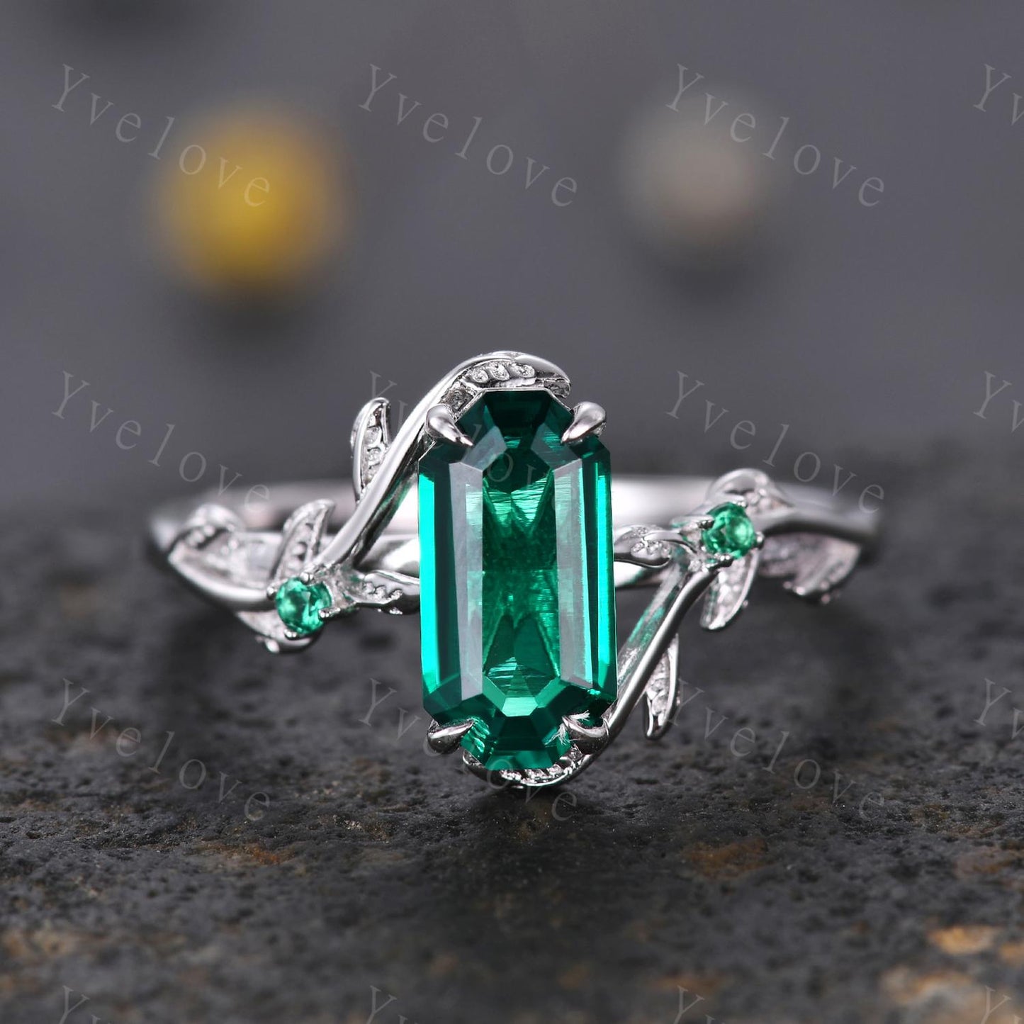 Art deco Emerald Twig Engagement Ring Set,leaves emerald ring,14k white gold,Curved emerald stacking wedding band,Unique Bridal Promise Gift