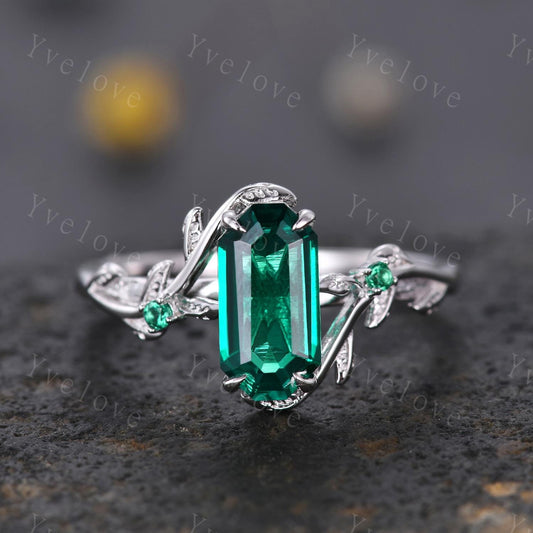 Art deco Emerald Twig Engagement Ring,leaves emerald ring,14k white gold,Curved emerald stacking wedding band,Unique Bridal Promise Gift