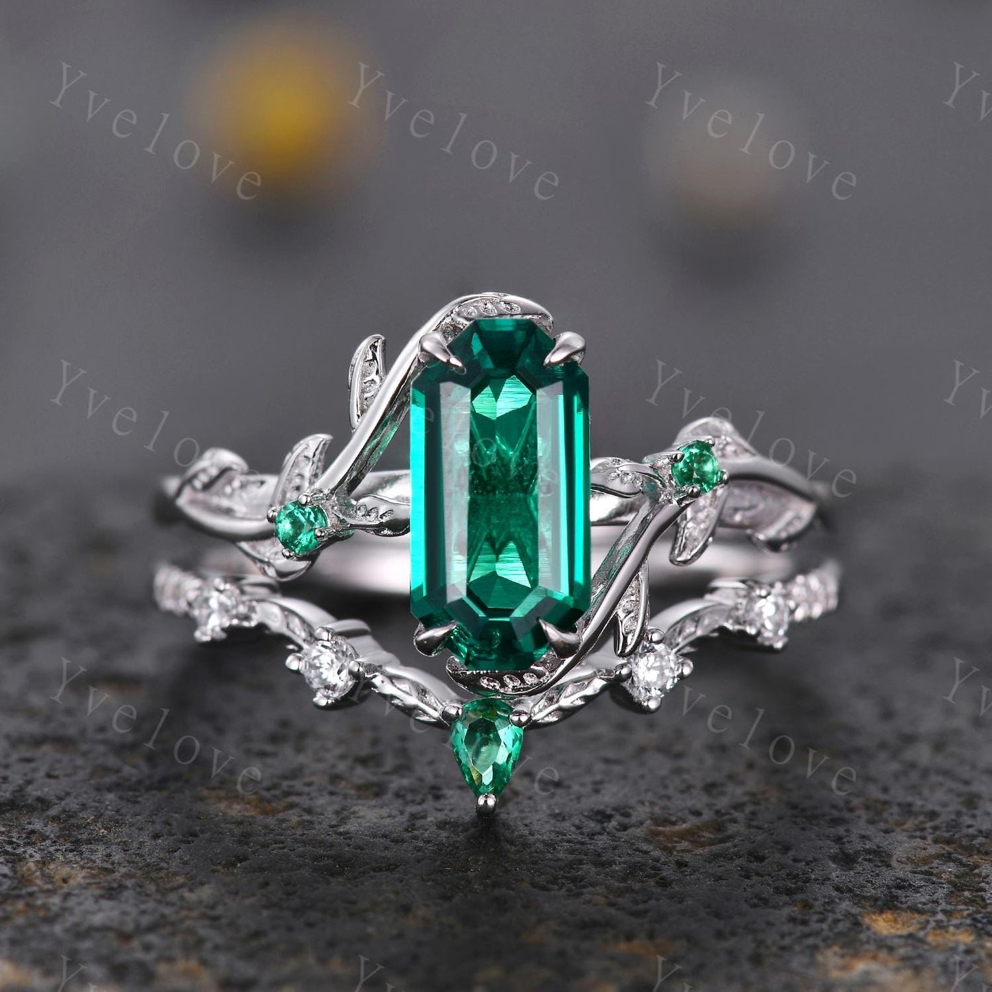 Art deco Emerald Twig Engagement Ring,leaves emerald ring,14k white gold,Curved emerald stacking wedding band,Unique Bridal Promise Gift