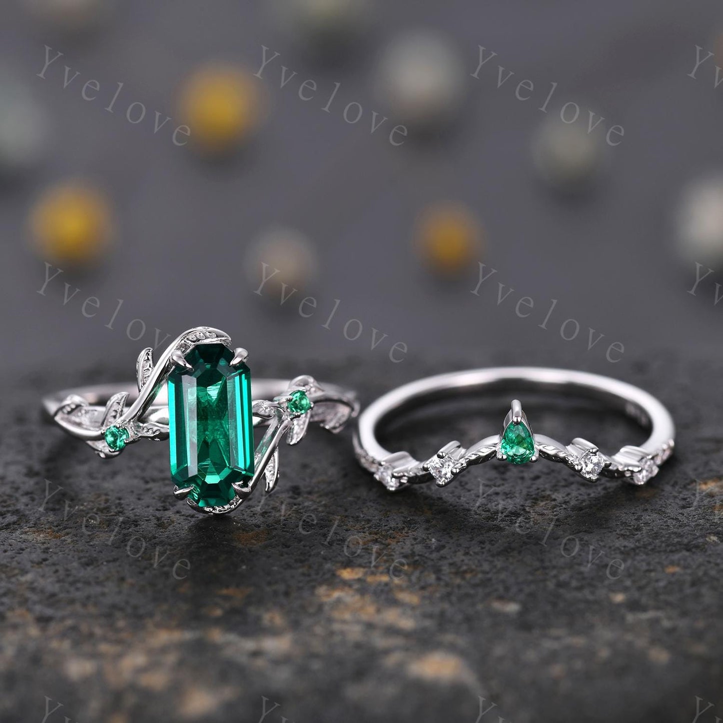 Art deco Emerald Twig Engagement Ring Set,leaves emerald ring,14k white gold,Curved emerald stacking wedding band,Unique Bridal Promise Gift