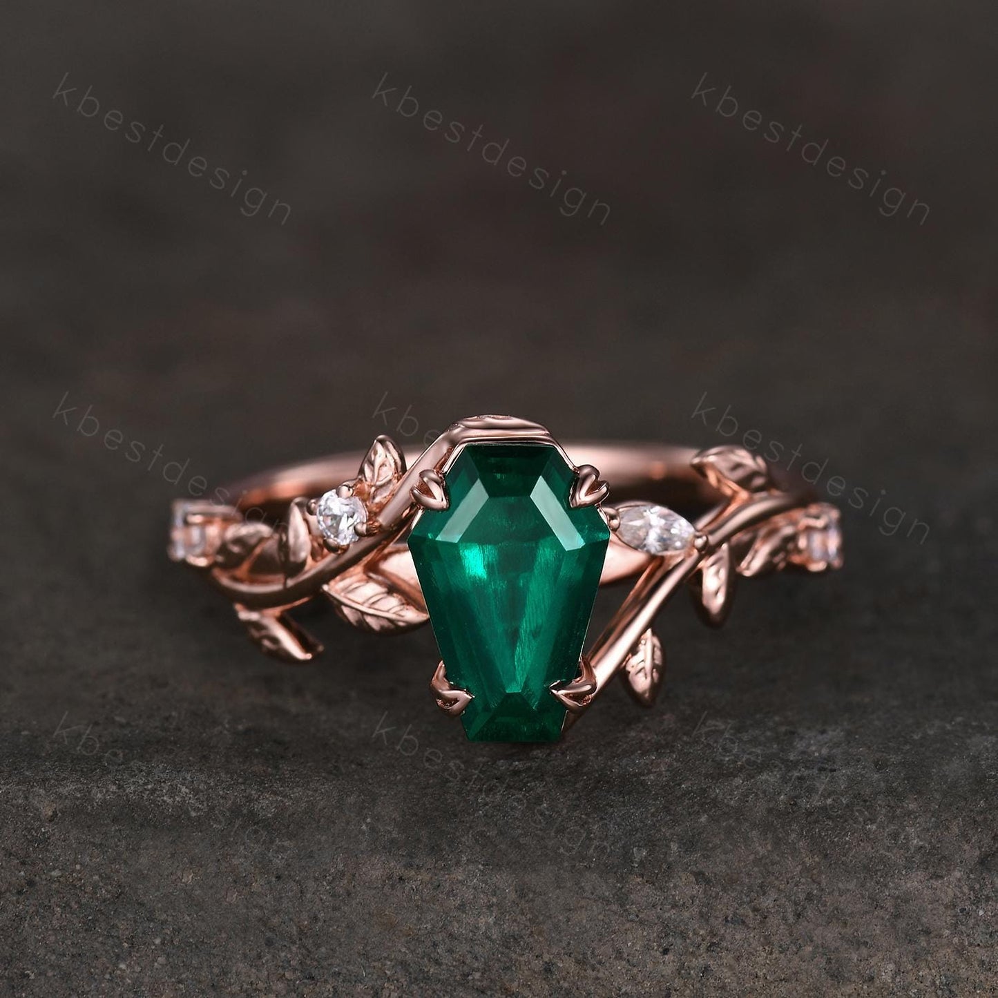 Vintage coffin green emerald engagement ring rose gold twig leaf moissanite wedding ring nature inspired ring Emerald bridal promise ring