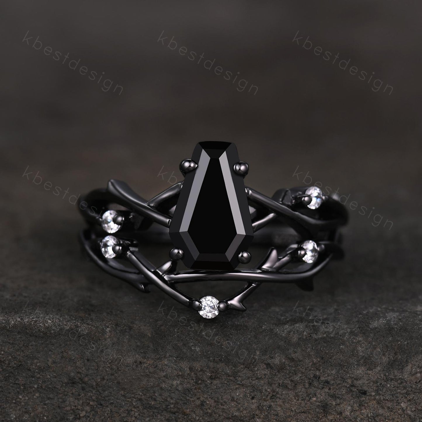 Vintage coffin cut black onyx engagement ring set black gold twig twisted moissanite ring nature branch ring unique bridal wedding ring set
