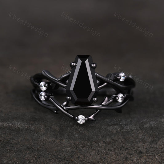 Vintage coffin cut black onyx engagement ring set black gold twig twisted moissanite ring nature branch ring unique bridal wedding ring set